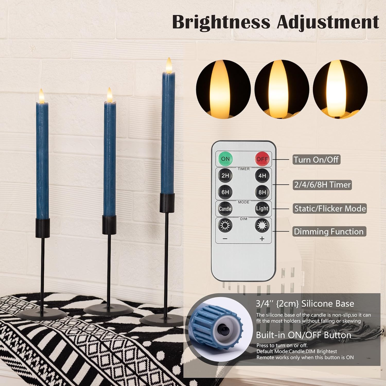Flameless Taper Candles with Remote, Real Wax Battery Operated LED Candles Set with 3D Flickering Flame, 9.6" Realistic Dripless Candlesticks for Wedding Home Decor, 3 Pack Blue