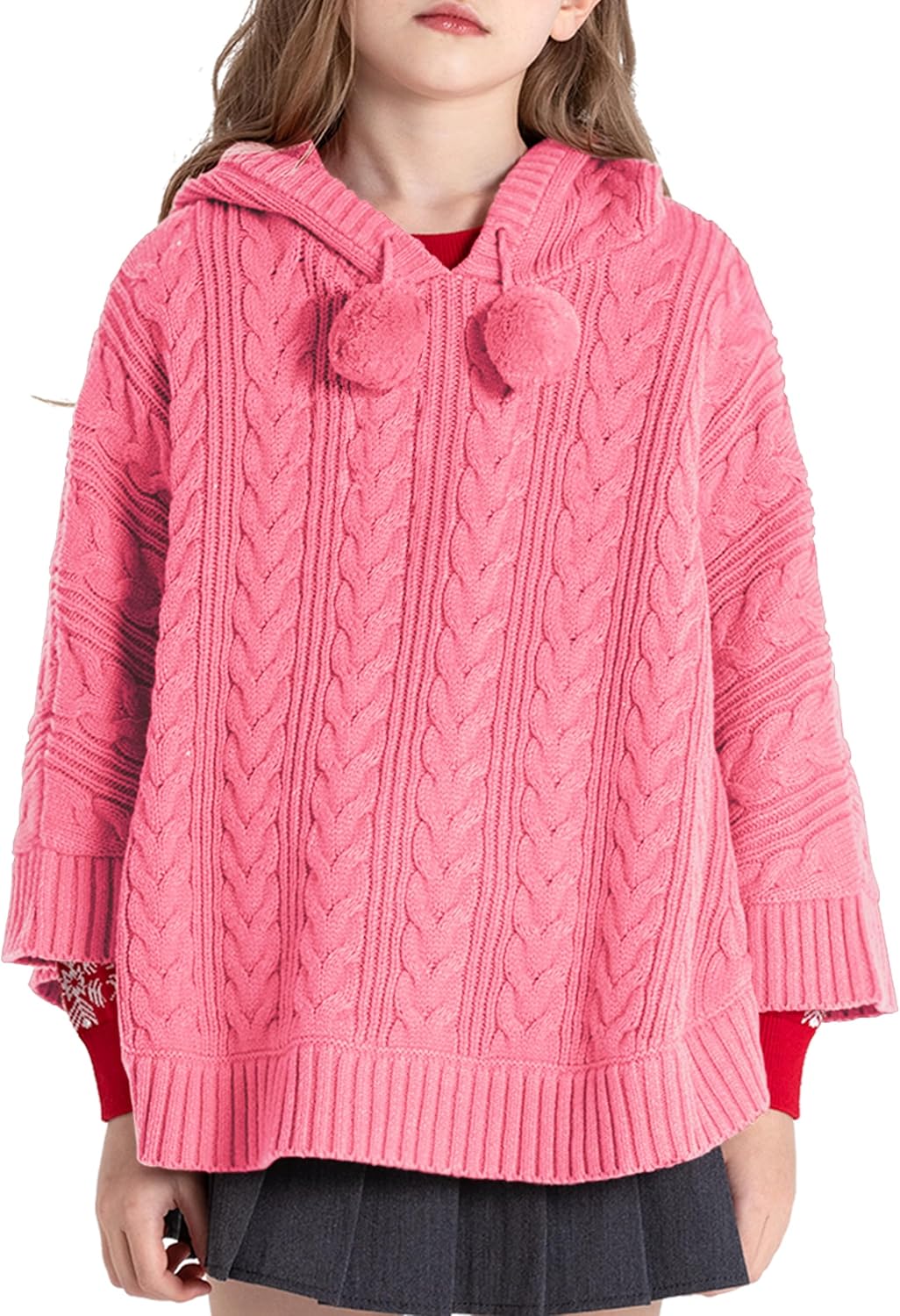 BOBOYOYO Cape for Girls Hooded Cable Knit Poncho Sweaters Kids Shawl Sweater Toddler Holiday Pullover for 3-12 Years Child