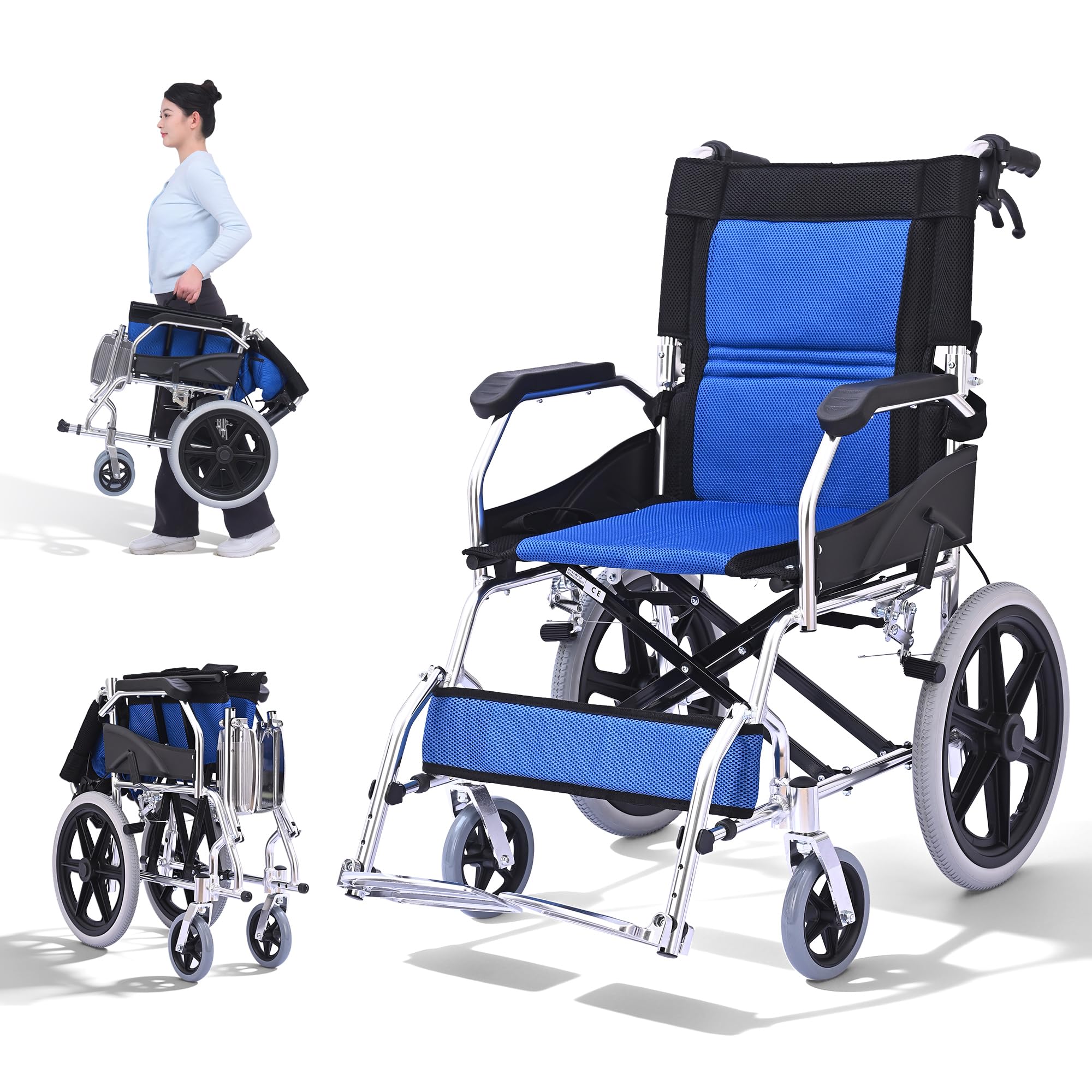 M3 Silla de Ruedas Plegable y Ligera - Doble Freno, Capacidad de Carga 100Kg, Reposapiés Plegables, Ideal para Personas Mayores y con Movilidad Reducida-Azul