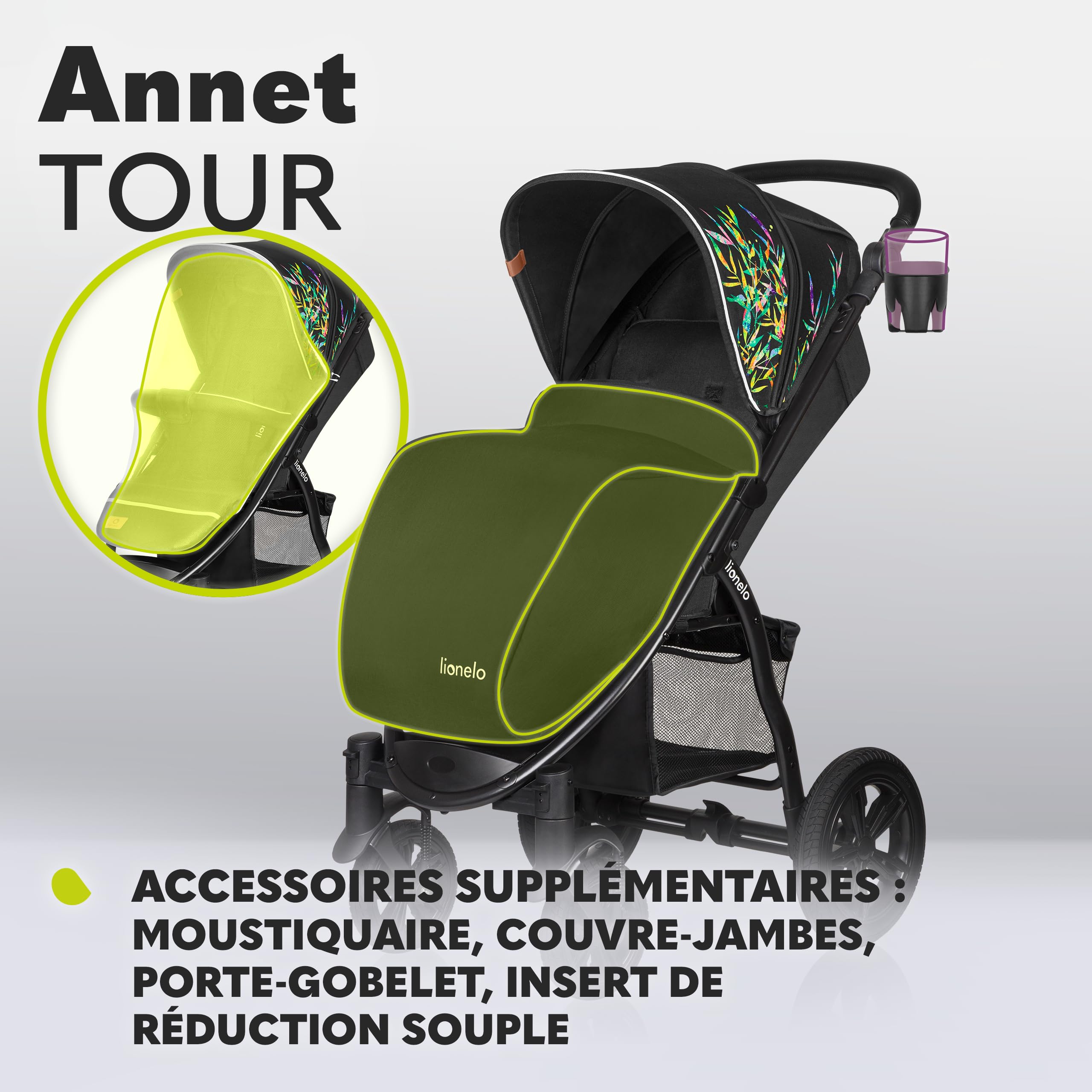 LIONELO Annet Tour poussette canne universelle jusqu'à 22 kg, réglage du dossier jusqu’à la position allongée, roues sans entretien, auvent imperméable XXL, ceintures à 5 points (dreamin)