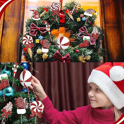 Miniatura 4 de Shappy Juego de 20 piezas de púas de Navidad, adornos de caramelo de Navidad, guantes de sombrero de Papá Noel con purpurina y rayas rojas y blancas