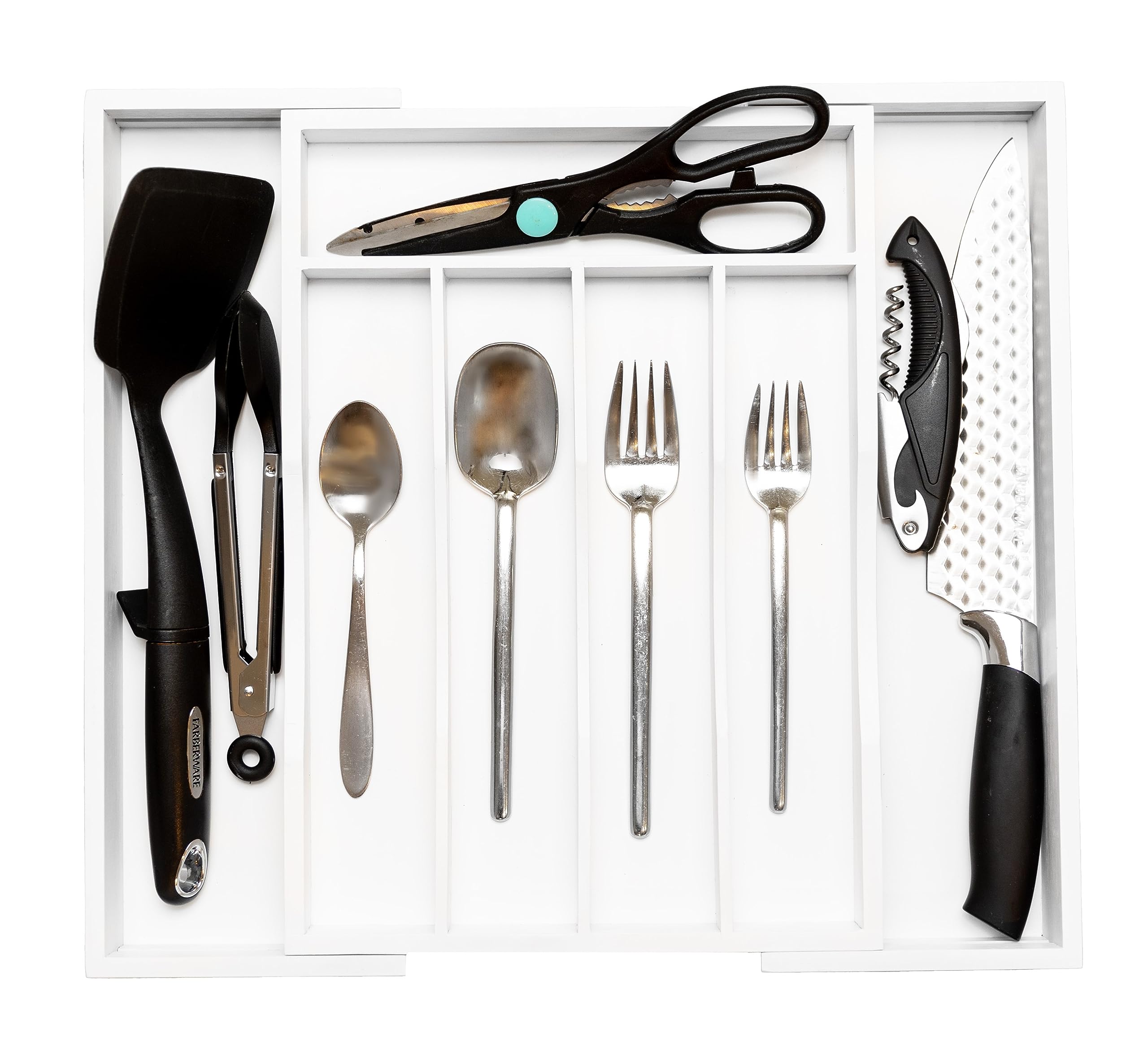 Modern Design Group Expandable Kitchen Drawer Organizer Bamboo Silverware Drawer Organizer Flatware Organizer for Drawer Cutlery Tray for Kitchen Drawer White 5-7 compartments with Anti-Slip Pads