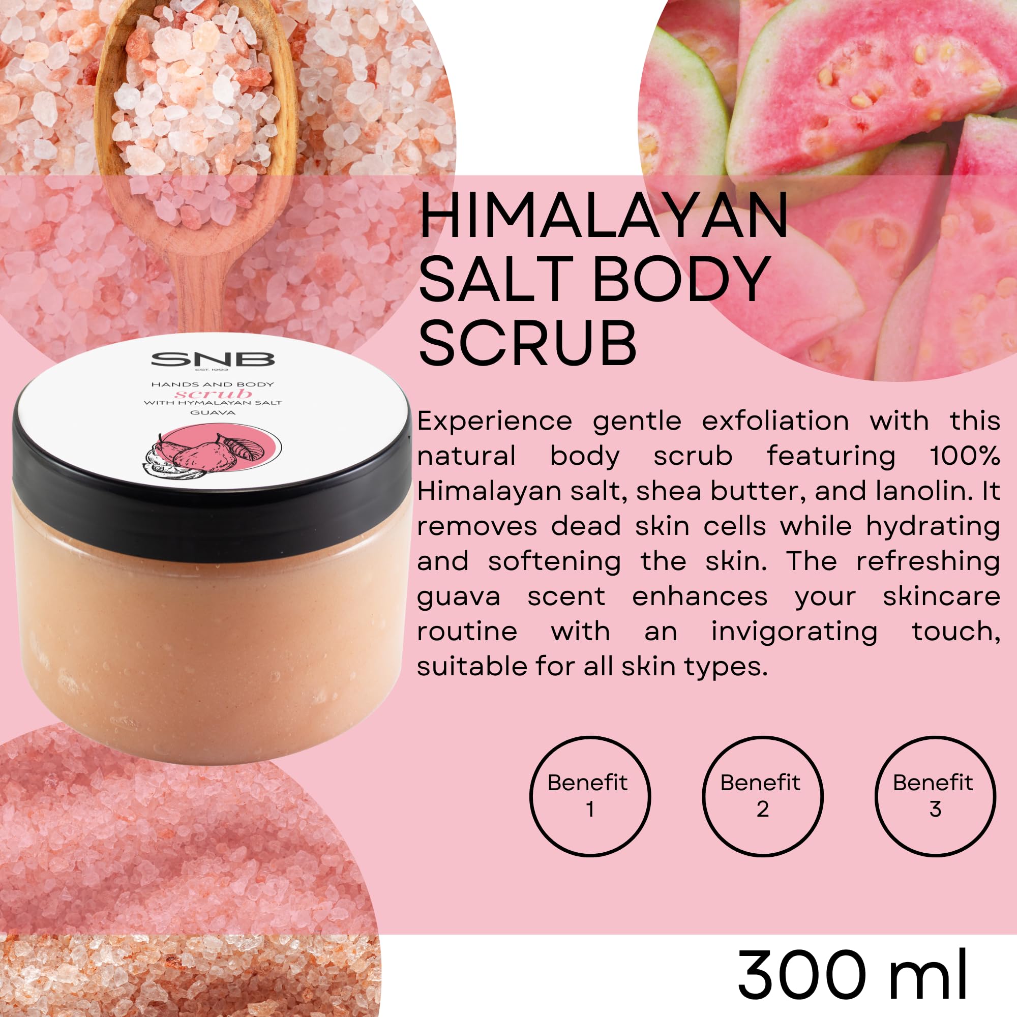 SNB - Scrub per il corpo professionale con sale dell'Himalaya e guava, 300 ml, cura naturale per la pelle liscia, con burro di karitè, scrub di sale idratante per uomo e donna
