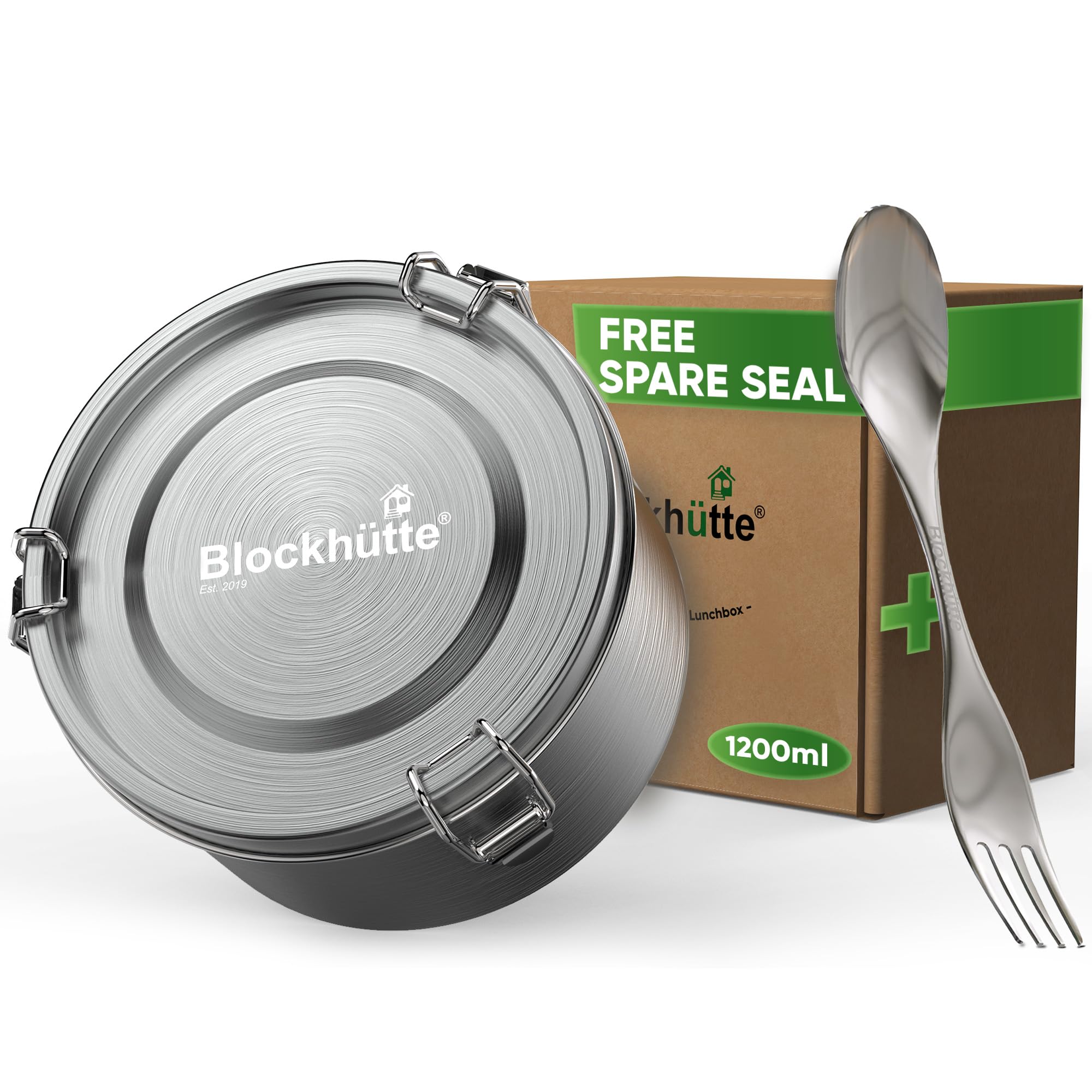 Blockhütte Stainless Steel Food Containers I 1200ml with Spork, Spare Seal, Round I Tiffin, Stainless Steel Lunch Box Leakproof – Bento Metal Lunch Box for Adults, Kids, Food Storage Containers