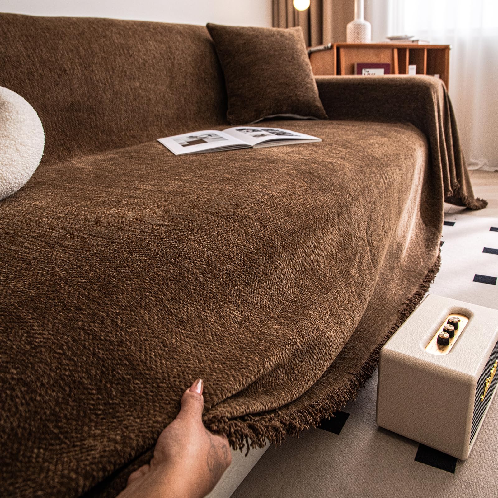 Manta Cubre Sofa 2 3 4 Plazas Grande Impermeable Colcha Multiusos para Cubrir Sofá, Funda de Sofá, la Tela para el Sofá, Manta de Cama, Manta Fular - Marrón 180 x 130 cm