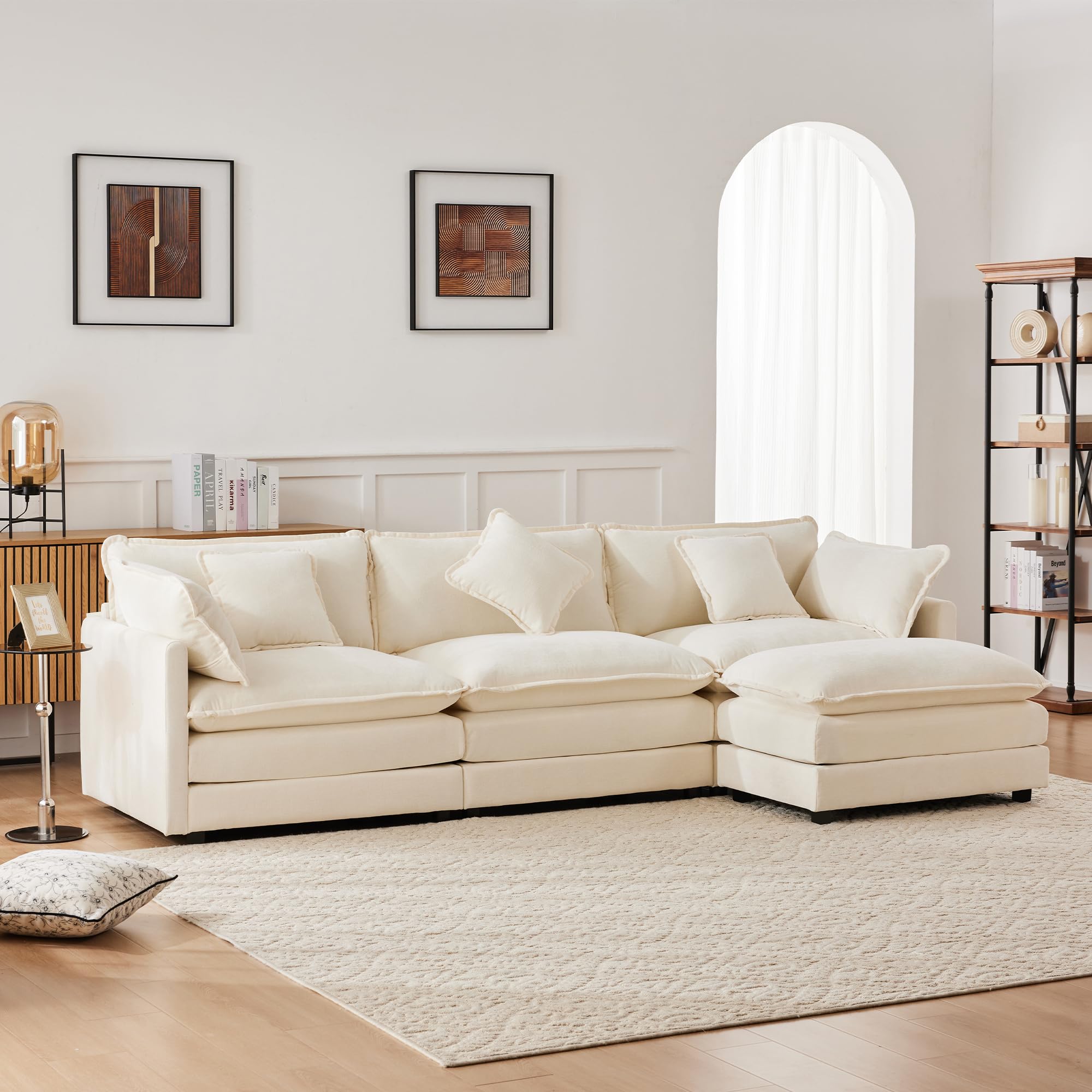 Kebnor Diseño moderno, muebles tapizados, tela de chenilla, sofá de tres plazas, sofá tapizado, sofá esquinero con reposapiés, sofá esquinero en forma de L, adecuado para salón y dormitorio (beige)