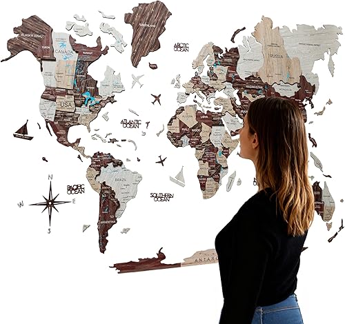 Arte de pared de madera 3D hecho a mano con mapa del mundo, decoración de pared grande, rastrea tus viajes por el mundo, especial para el hogar, la