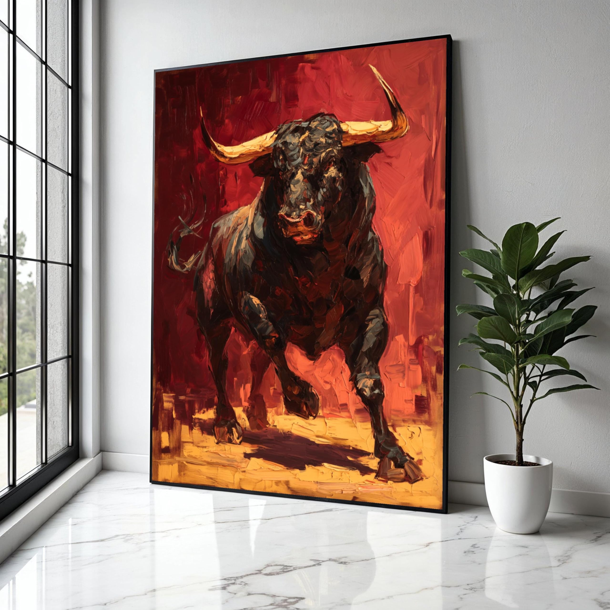 YUSUZHU Leinwandbild „Angreifender Stier“, abstraktes Tiergemälde, rot-schwarzes Kunstwerk, rustikale Wohndekoration, Poster und Drucke (80 x 120 cm/rahmenlos)