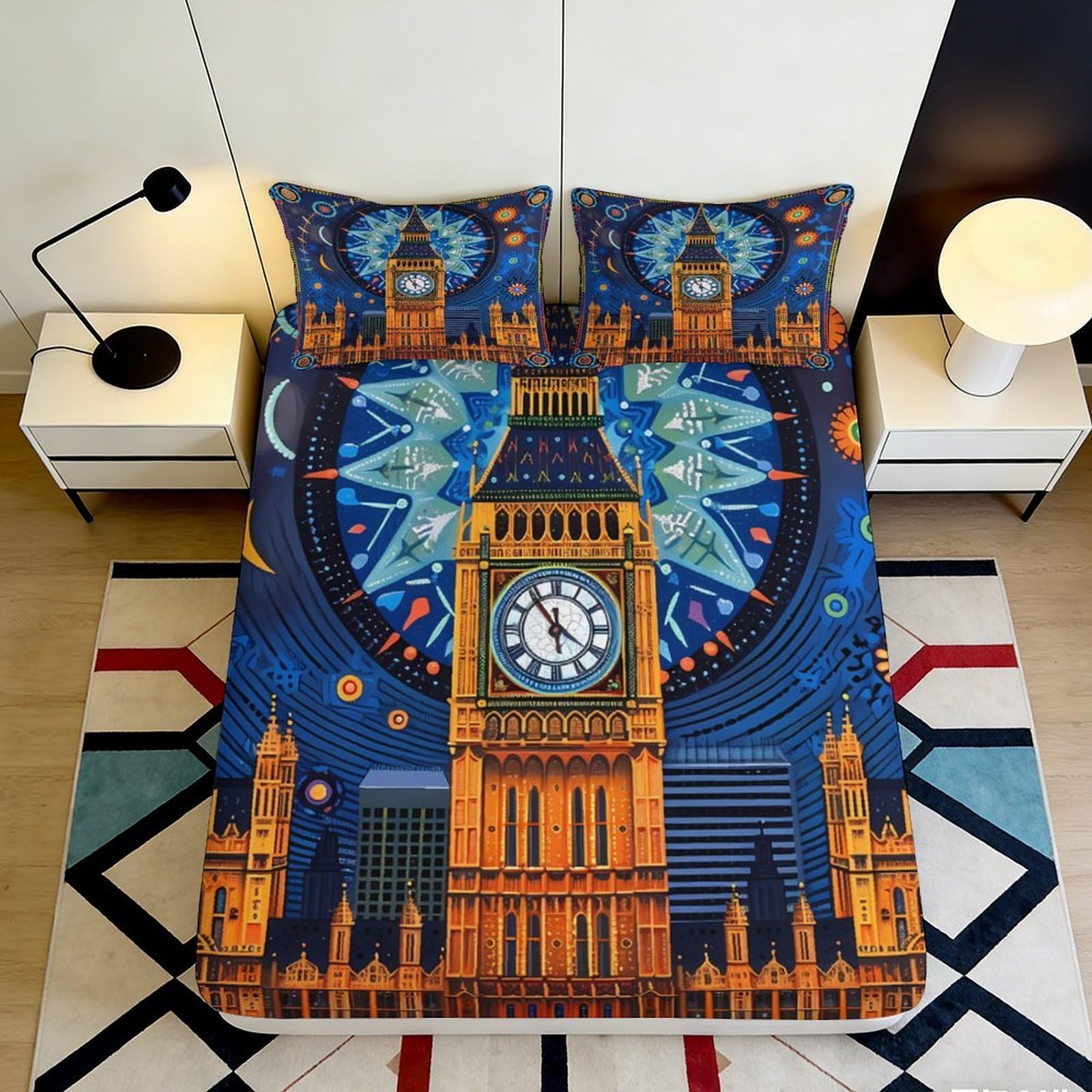 3D Printed Big Ben Cityscape Fitted Sheet Microfiber Soft Breathable London Night Bed Cover for Bedroom Decor 90x200x25cm
