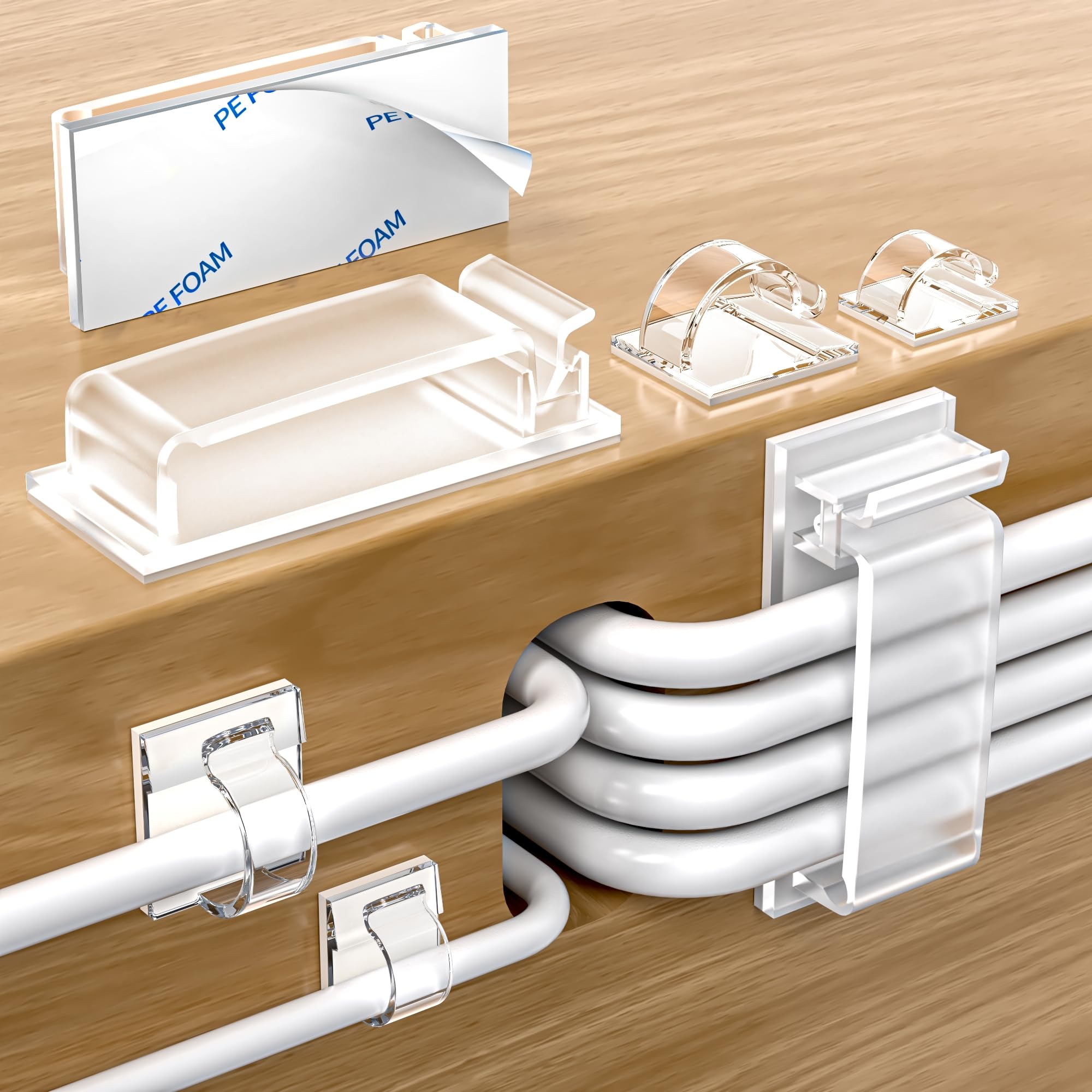Kimsky Kabelhalter 100 Stück, 40 Große Kabelhalter Selbstklebend + 30 Mittlere Kabel Organizer + 30 Kleine Kabelmanagement, Kabelclips mit Kleber, Cable Management für Heim, Büro – Transparent