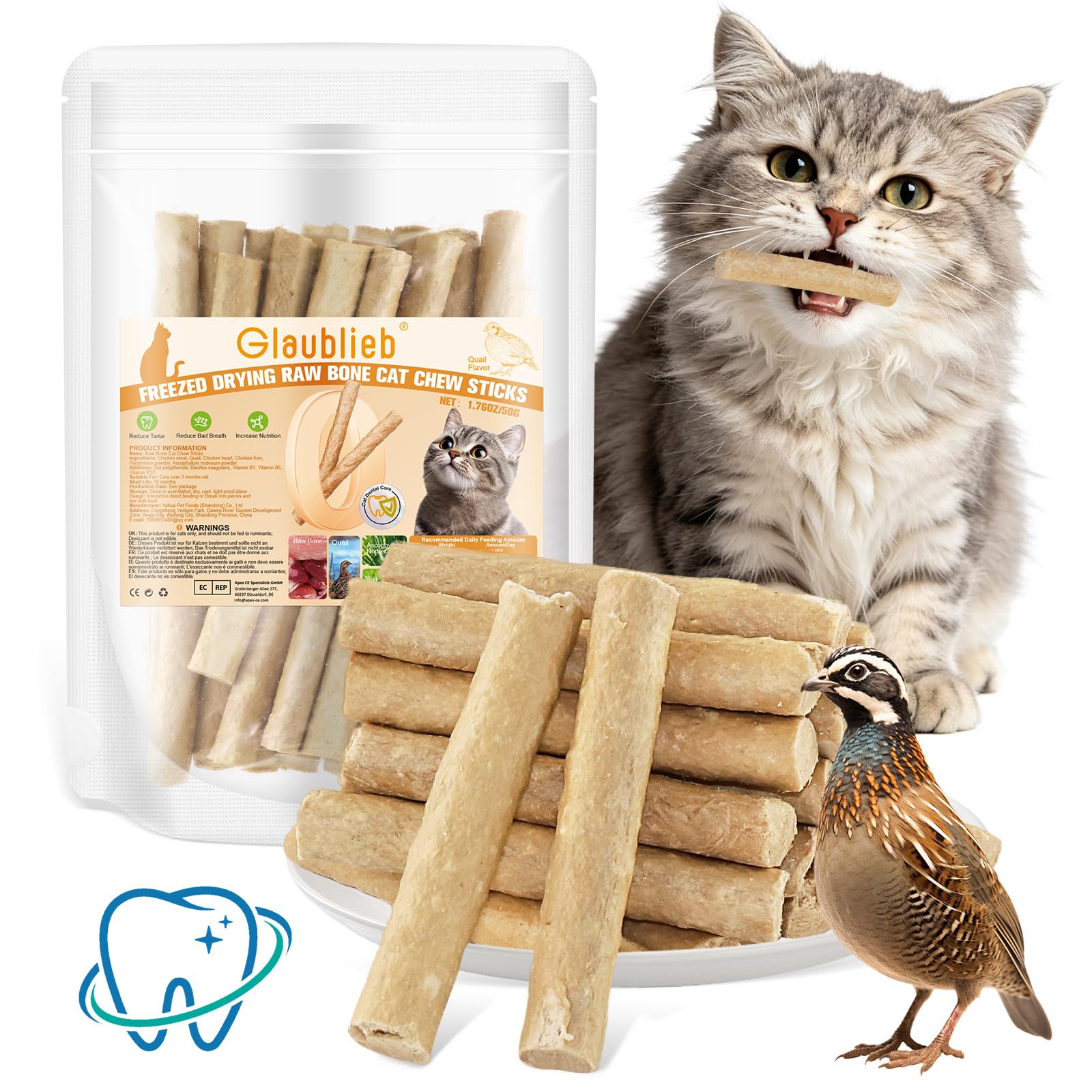 50g Freezed Dried Cat Chew Sticks Quail Flavor, Cat Dental Treats for Freshens Breath and Controls Tartar, Feline Teething Sticks