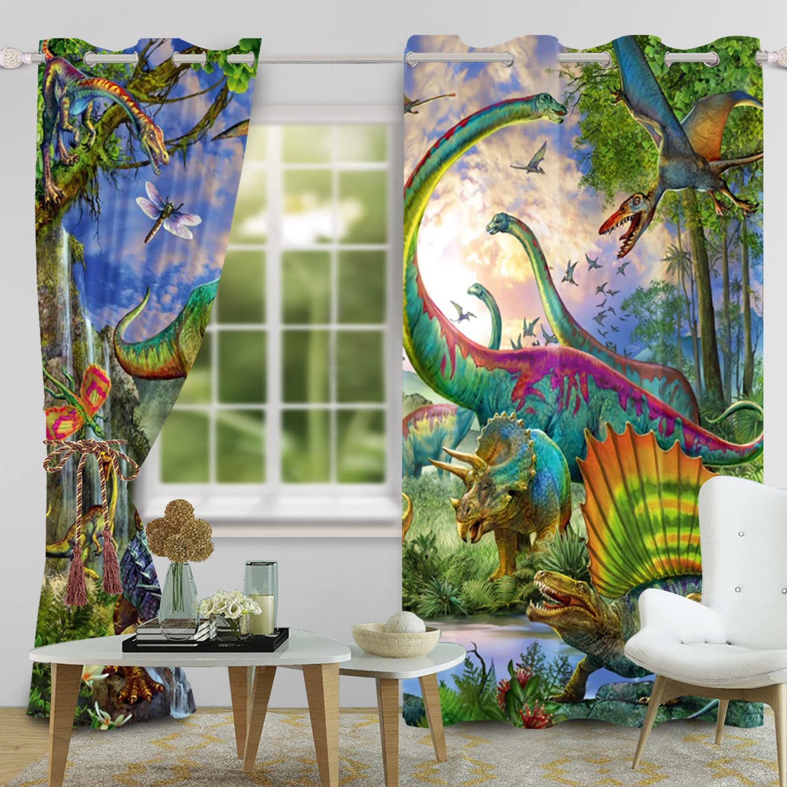 SDOTPMT 117x183cm Dinosaur Window Curtains Ancient Wild Animal Grass Forest Window Drapes Wildlife Natural Scenery Window Treatment for Child Living Room Bedroom Decor Blackout Curtains - Image 2