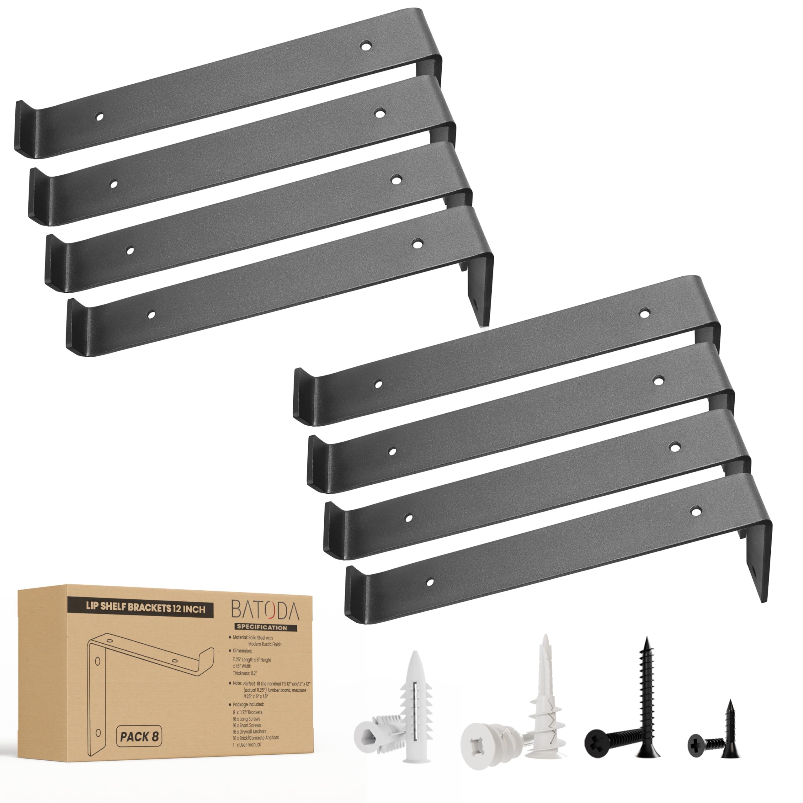 BATODA Shelf Brackets 12 inch (8 pcs) with Lip for DIY Floating Shelf - 8 Pack L Shelf Bracket Black 12 inches - Heavy Duty Hook Brackets for Shelves - Wall Mounted Support for DIY Open Shelving