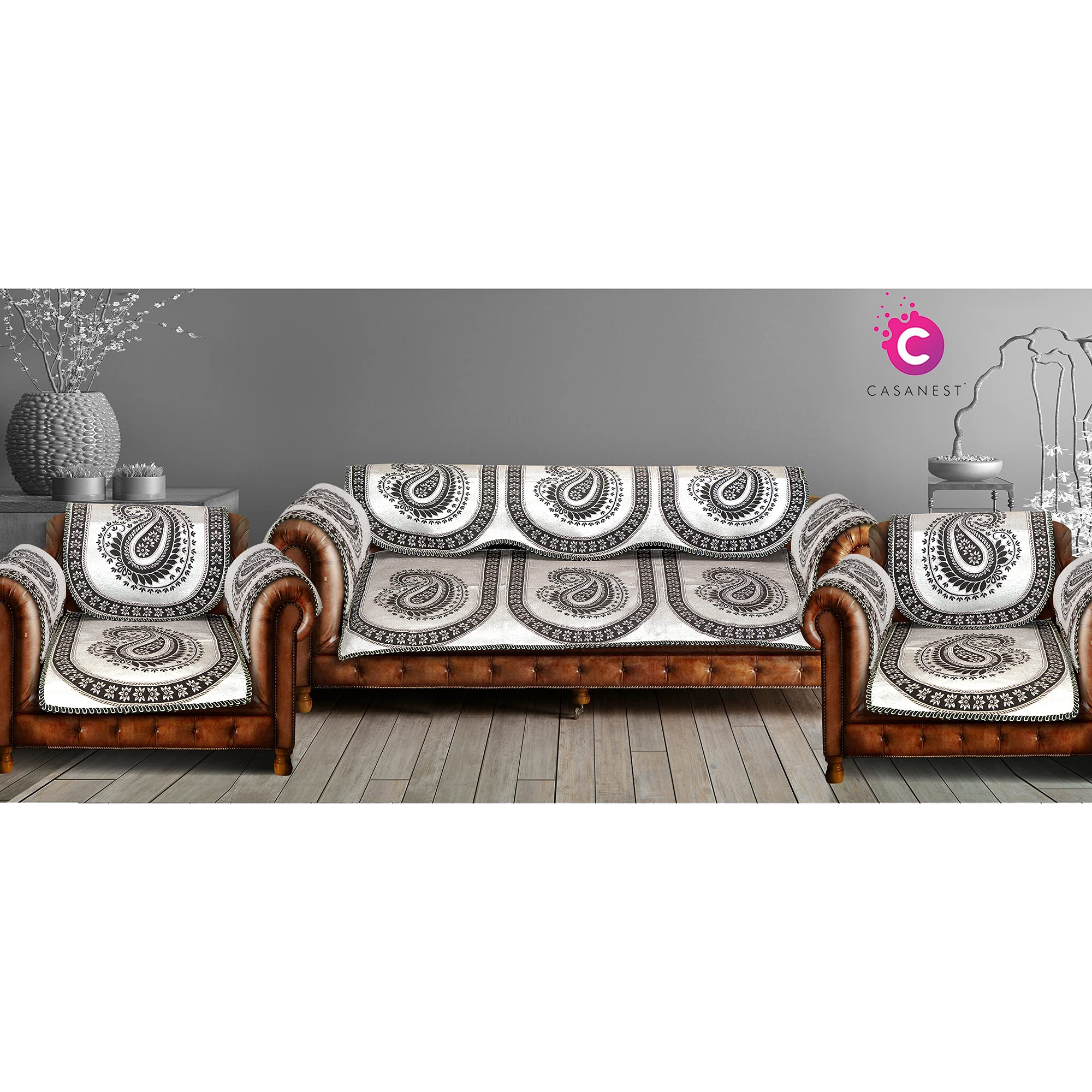 CASA-NEST Luxurious Chenille Sofa Covers Set with Arms for 5 Seater Sofa for Living Room, Drawing Room, Guest Room,3+1+1 Black Color ,Long Seat Ambi Design,Set of 16 pcs