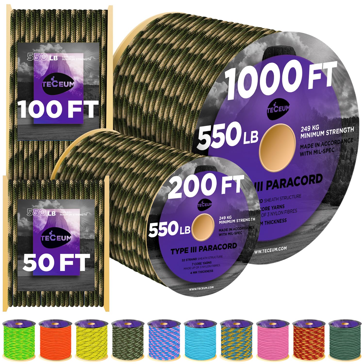 TECEUM Reflective Paracord Rope 1000 – 1000ft/200ft/100ft/50ft – 40+ Colors – Glow in the Dark – para Cord – Utility Rope for Survival, Hunting &