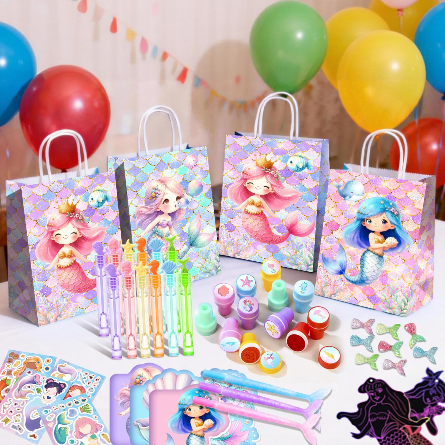 Sirena Bomboniere Festa,108 Pezzi Set di Bomboniere a Forma di Sirena Includere Tema Sirene Taccuino Regalo Borsa Adesivi Gadget Compleanno