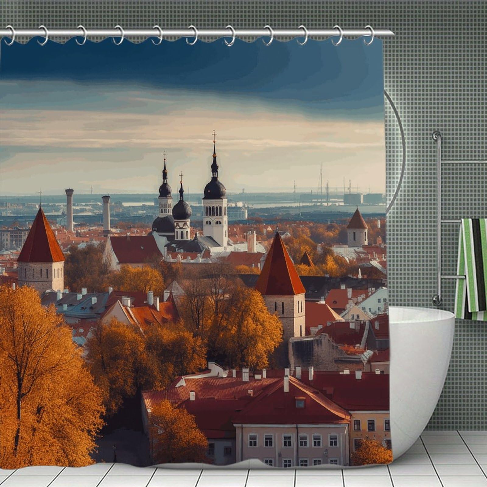 VstaDank Tallinn Estonia Cityscape Bath Curtain Elegant Heavy Duty Shower Curtains 70x70 in Rustic Farmhouse Cloth Shower Curtains Neutral Modern Bath Curtain for Bathroom