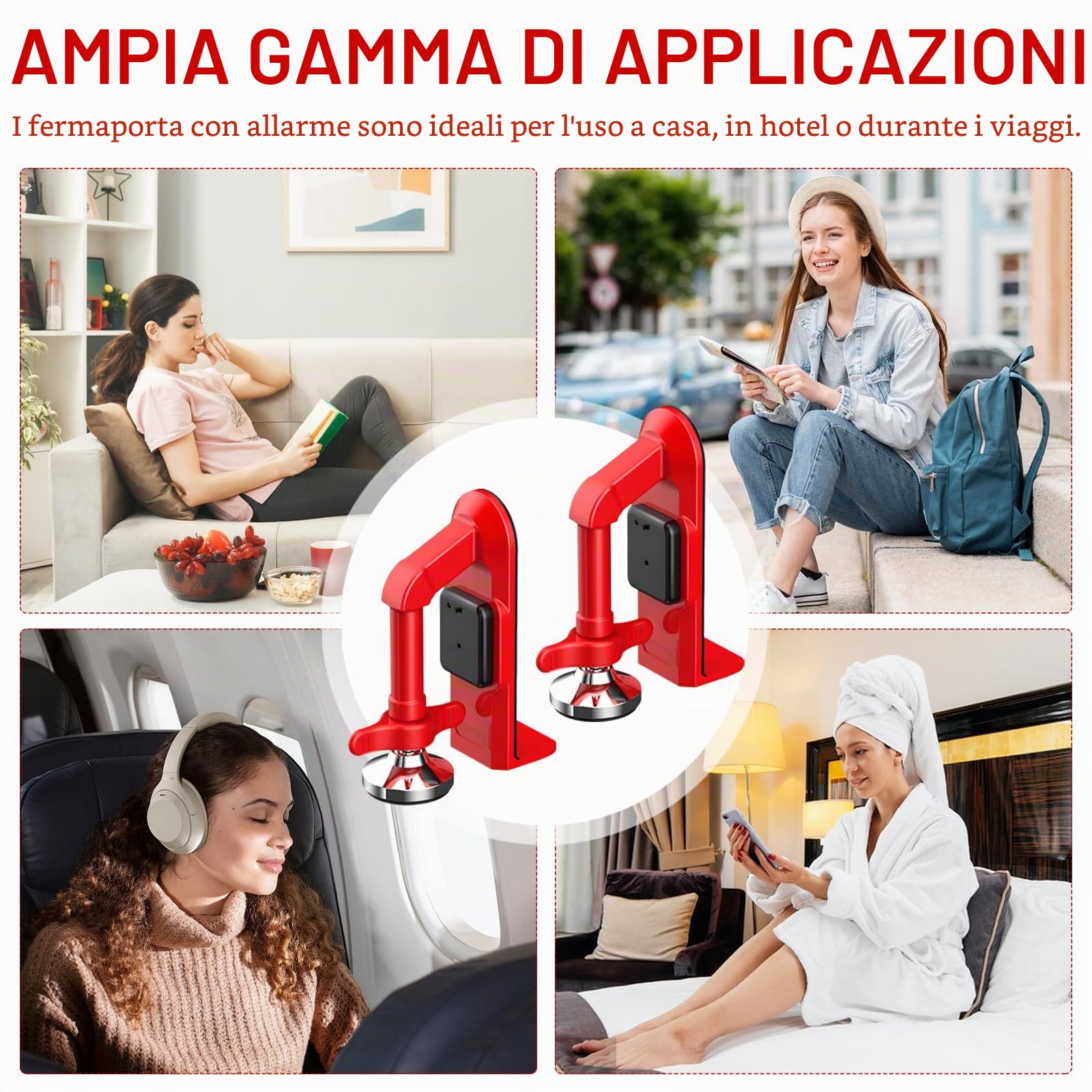 2 Pezzi Fermaporta Antifurto con Sirena d'Allarme, Fermaporte di Sicurezza Portatile con Allarme da 80 dB, Serratura di Sicurezza da Viaggio Serratura Antifurto Porta Protezione Antintrusione