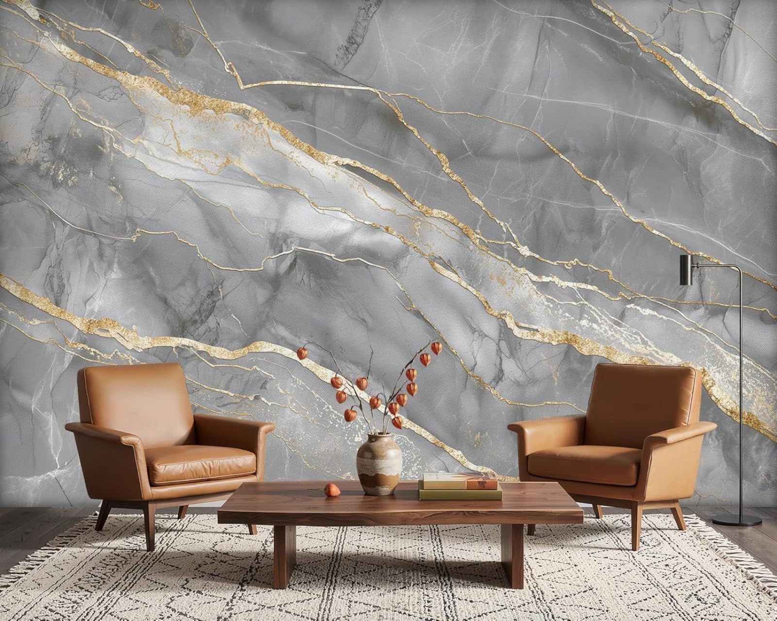 Marble-effect photo wallpaper, grey and gold marble, non-woven, modern, for living room, bedroom, children's room, wall decoration, motif wallpaper, 430cm x 300cm, stickers - frameless painting - post