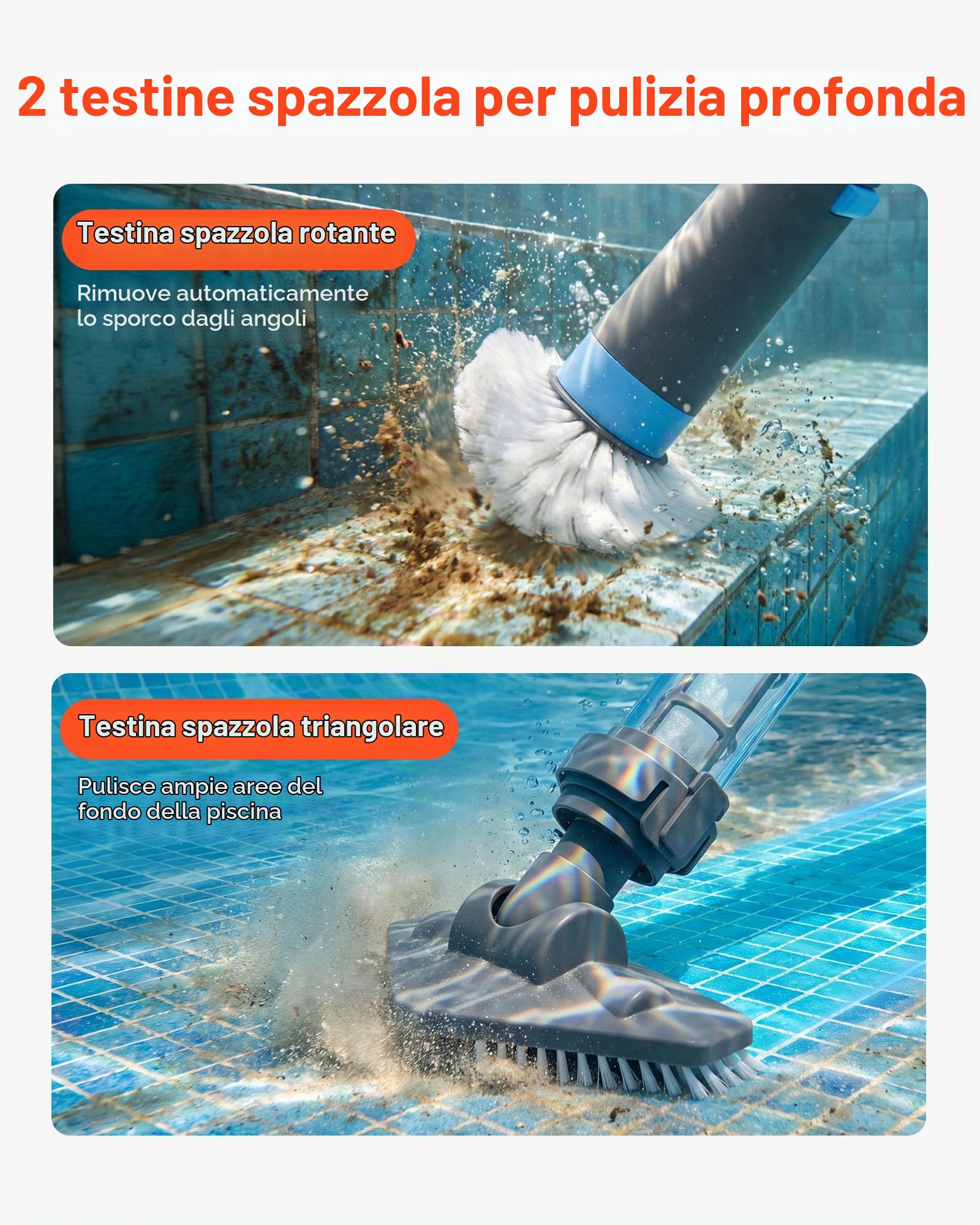 VEVOR Aspiratore Portatile per Piscine, Pulitore Ricaricabile Senza Fili 32 L/min, con Asta di Prolunga e 2 Testine, Autonomia Max 60 min, per Pulizia Piccoli Detriti e Sabbia Vasche Idromassaggio
