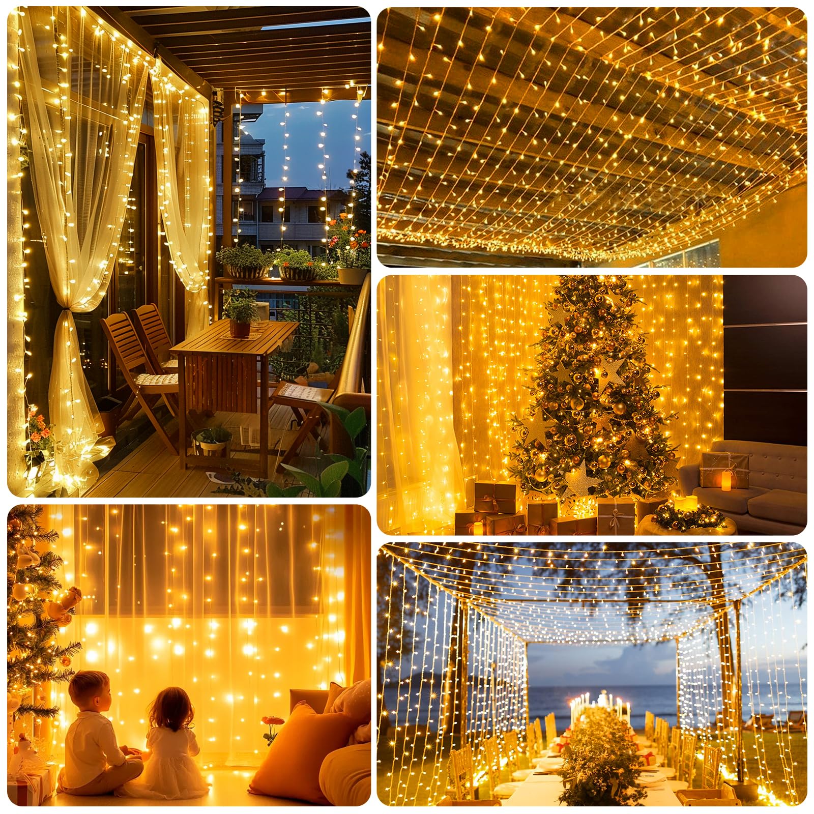 A.bigwhale Rideau Lumineux 3m x 2m, 2 Pièces Guirlande Lumineuse Noël avec Timer, Rideau lumière Interieur Extérieur Étanche 8 Modes Pour Mur Fenêtre Mariage Chambre Balcon Décoration de Noël
