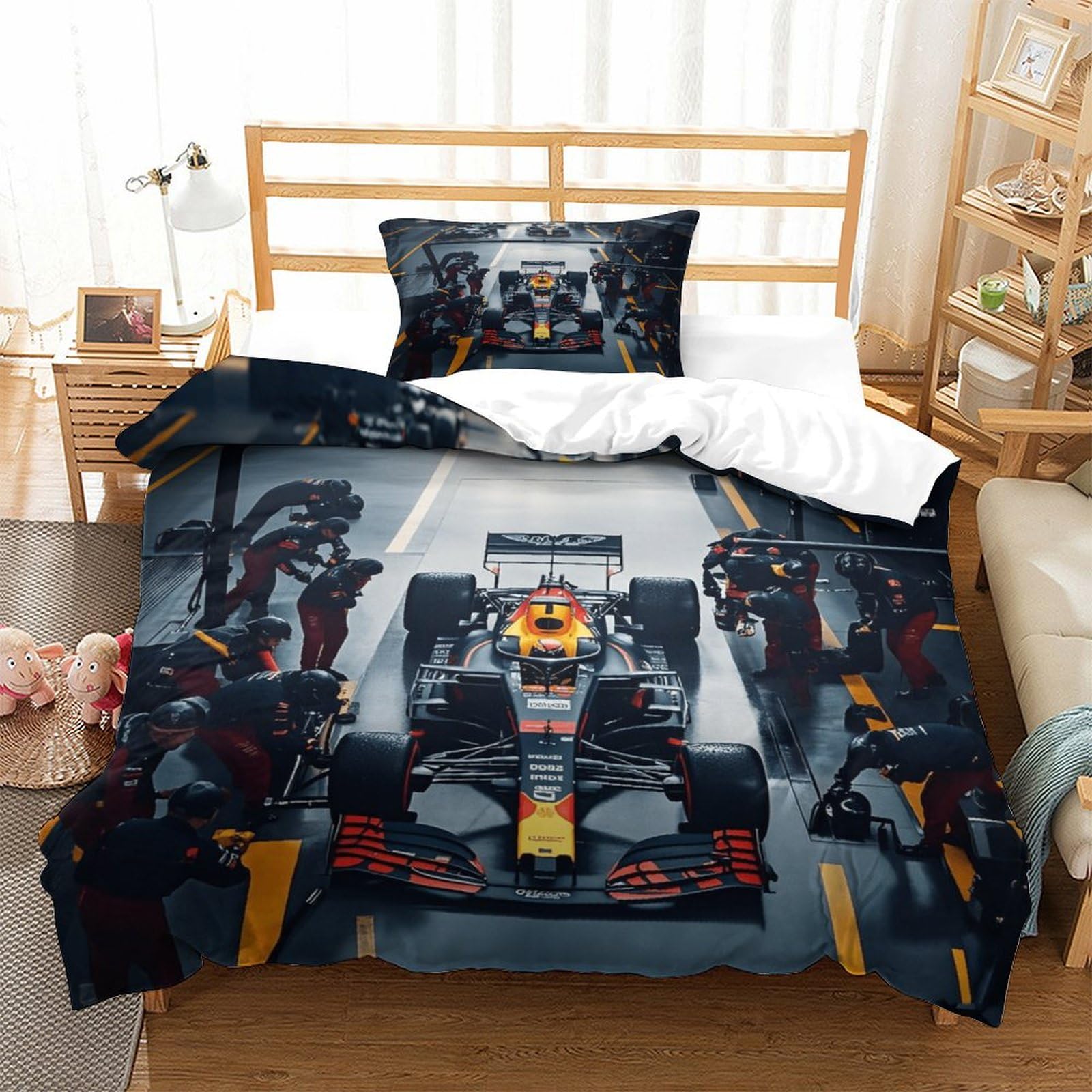XiaopangXY Formula Racing Warmth Duvet Cover Set Hidden Zipper Quilt Cover Set with Pillowcases Bedding Set Soft Microfiber Racing Car Comforter Cover for Kids & Adults Single（135x200cm）