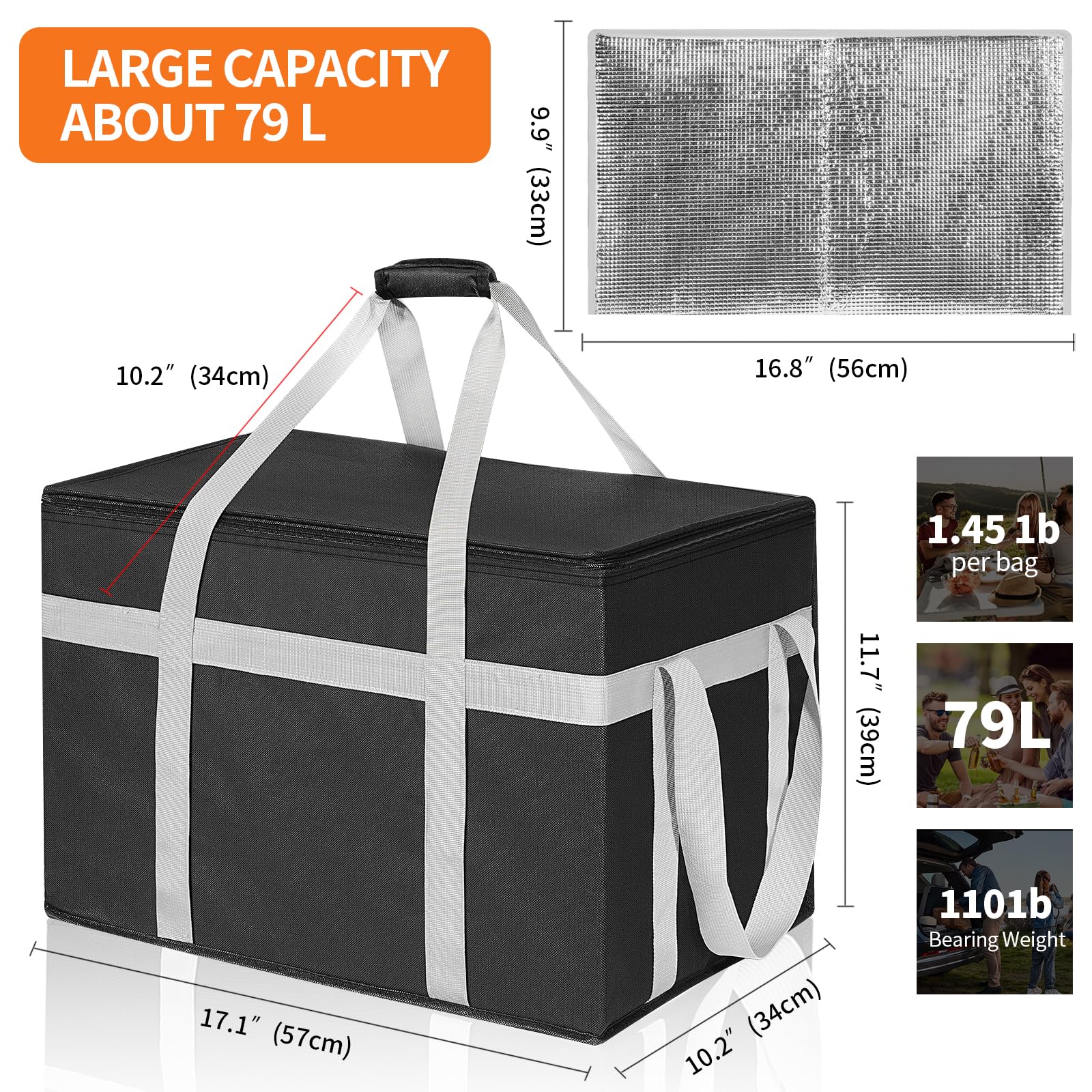 Paquete de 2 bolsas aisladas para entrega de alimentos con parte inferior dura extraíble, bolsa térmica reutilizable XXXL para alimentos fríos y calientes, bolsa térmica de catering para