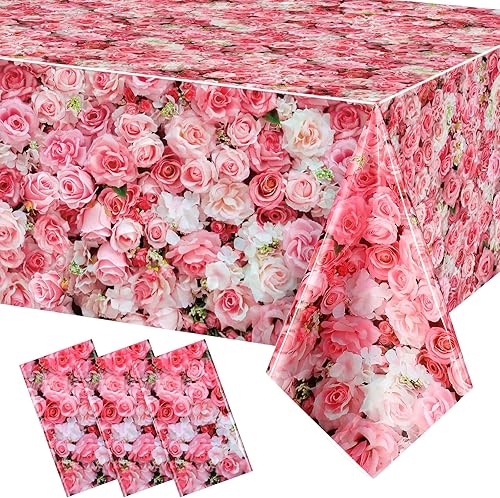 Miniatura 8 de Telón de fondo floral de primavera de 3 piezas de rosa rosa de 7 x 5 pies, fondo de pared de rosas 3D, fondo de fotos de flores para despedida de