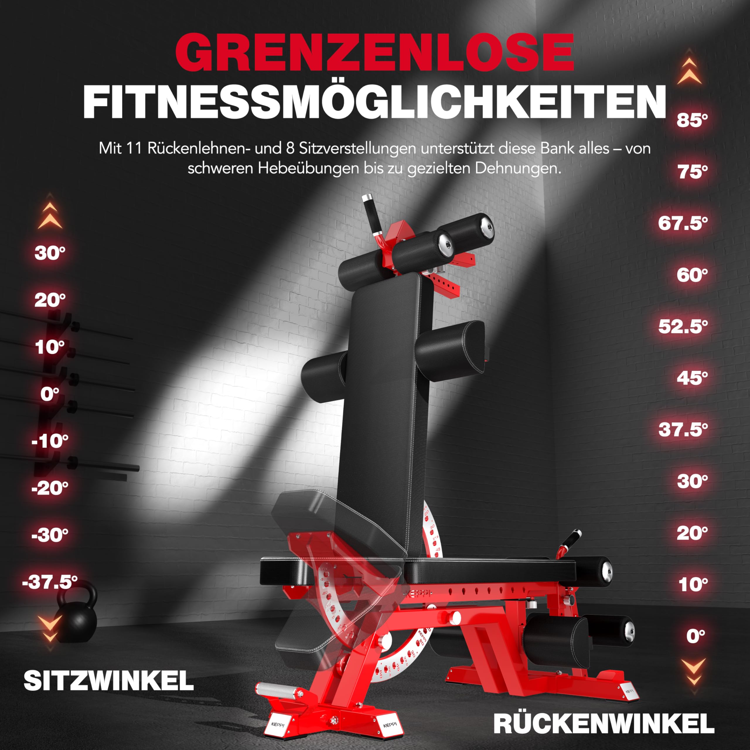 Keppi Hantelbank, 680kg Belastbare Hantelbank Aus Commercial Stahl, 43,2cm Wettkampfhöhe, 11 Rücken + 8 Sitzpositionen FID Design Mit Hochkantlagerung – Bench6000