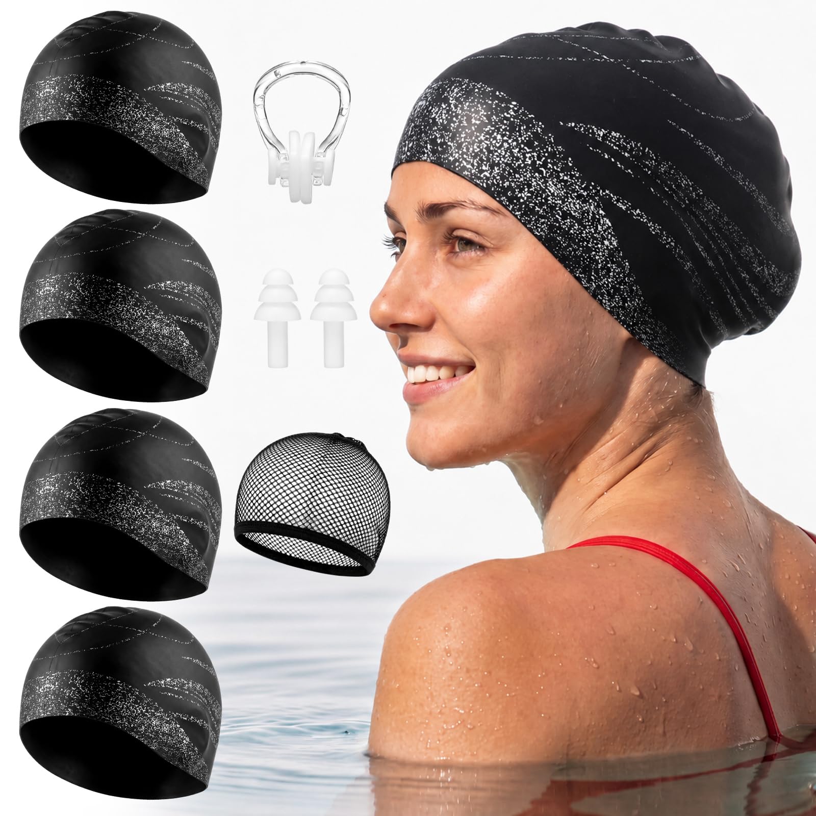 Soulchen 4 Set Extra Large Swim Cap for Long Hair and Braids Silicone Swimming Caps with Hair Net Nose Clip Earplug Waterproof Ear Covering Swim Hat for Long Hairs Dreadlocks Braids African Hairstyles