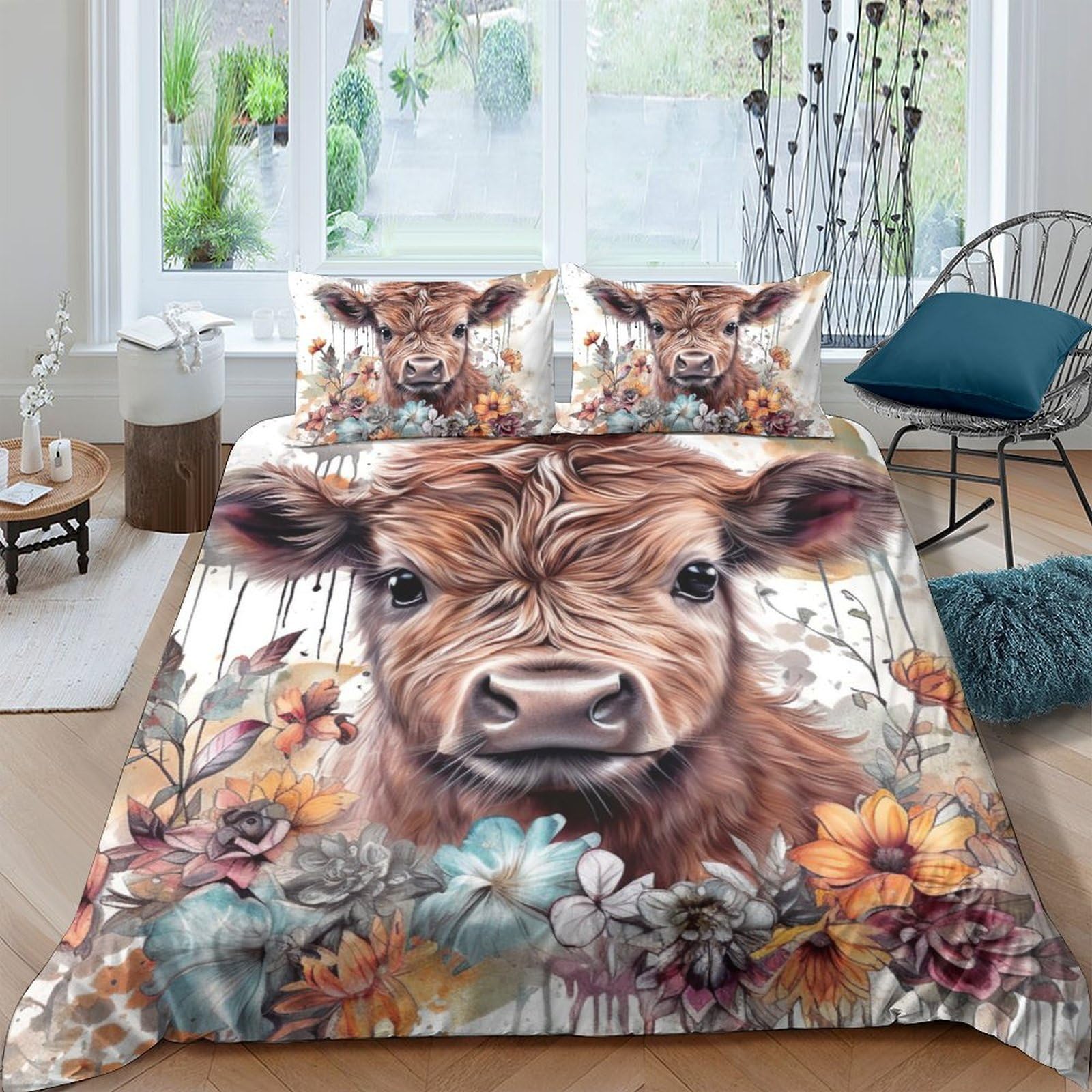 Ctjqhvkz Style-8 3D Printed Highland Cow Fitted Sheet Microfiber Soft Floral Mattress Cover For Bedroom Guest Room Easy Care Single（135X200cm）