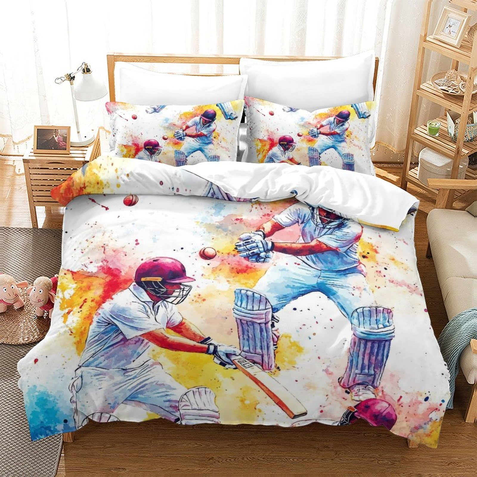 KQZJXNRPHG Cricket Players 3D Print Bedding Set Kids Double Bedding Super Soft Pillowcases Colors Bedding Set Single（135x200cm）