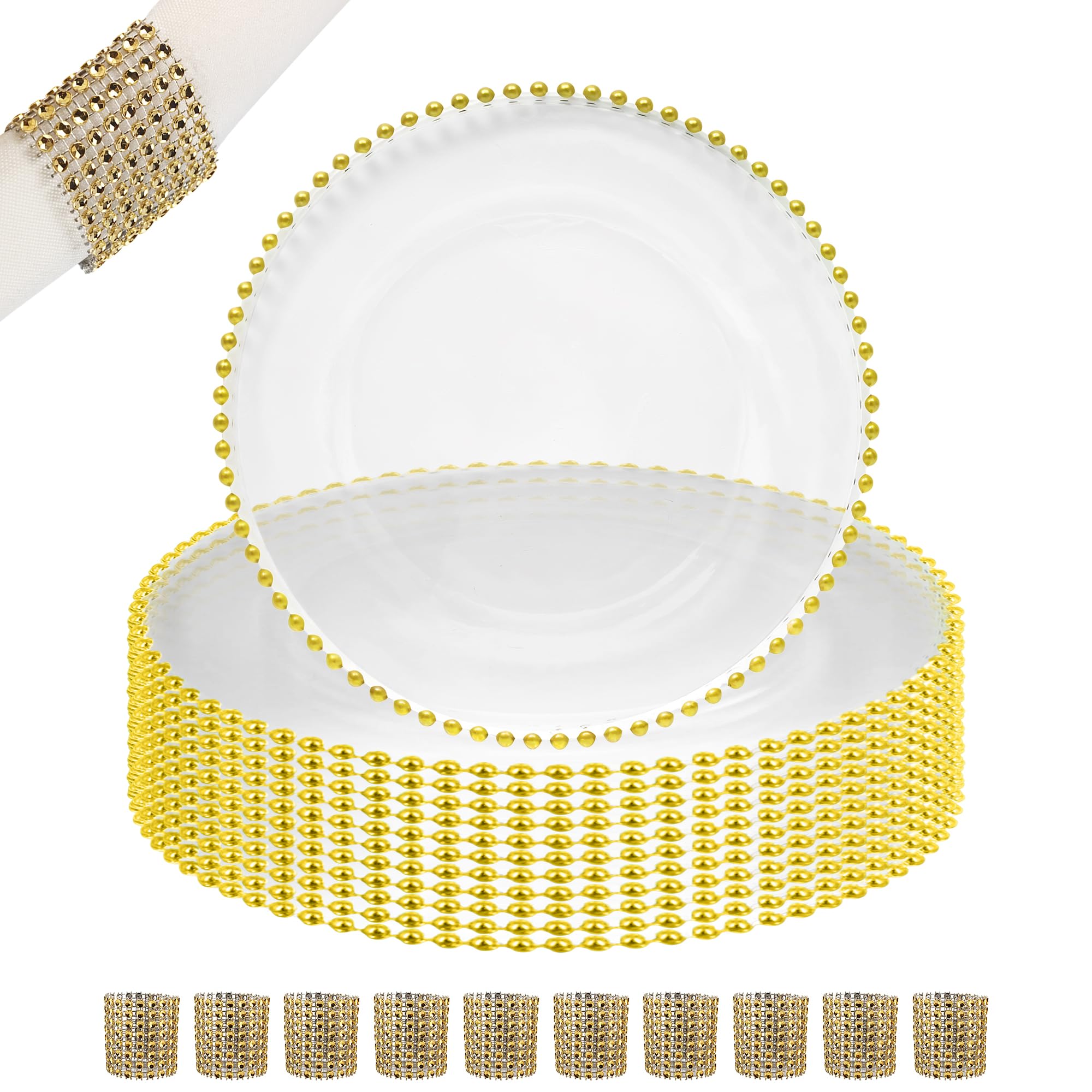 WedDecor Lot de 10 assiettes de chargement et ronds de serviette en verre transparent avec perles dorées et ronds de serviette en strass pour fête, dîner, décoration de table, événements, doré