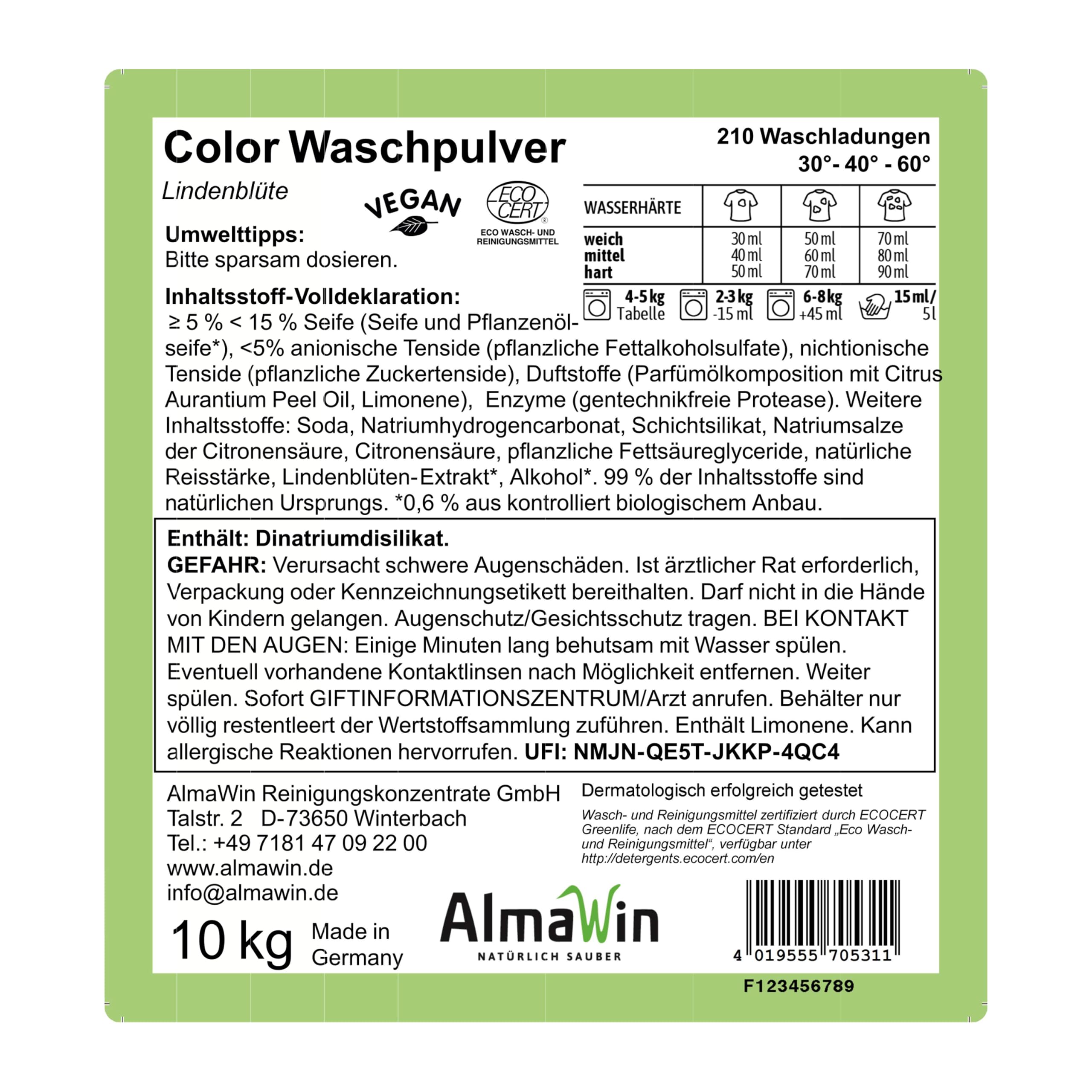 AlmaWin® Color Waschpulver [10kg - 210 Ladungen] mit Lindenblüten-Duft für strahlende Reinheit – Öko Waschmittel Pulver Color anwendbar für 30-60°C – Veganes Bunt-Waschpulver