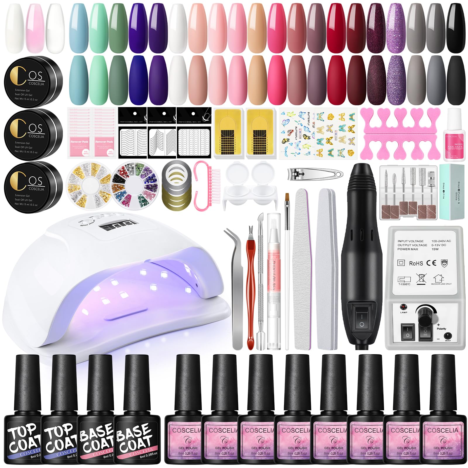 COSCELIA Kit Uñas Semipermanentes Profesional de 20 Colores Esmaltes en Gel Uñas 8ML con Lámpara de 80W Torno Eléctrico para Uñas Kit Uñas con Top y Basecoat para Nail Art Regalo