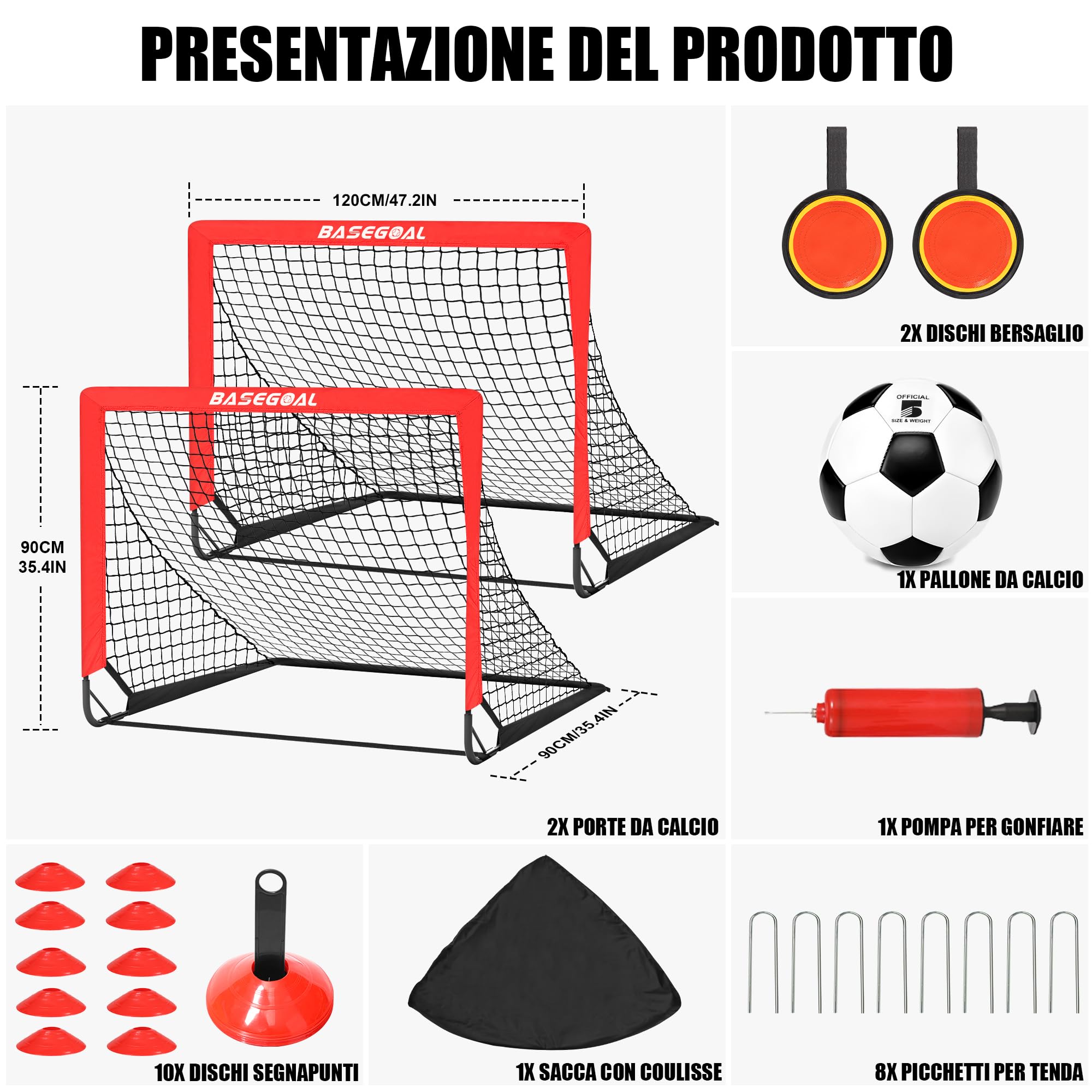 BaseGoal Set di 2 Porte da Calcio per Giardino 120x90cm con Calcio n. 5 | Porta da Calcio Adolescenti con Aste In Fibra di Vetro, Reti di Alta Qualità, Bersaglio, Coni da Calcio e Cono a Forma di U