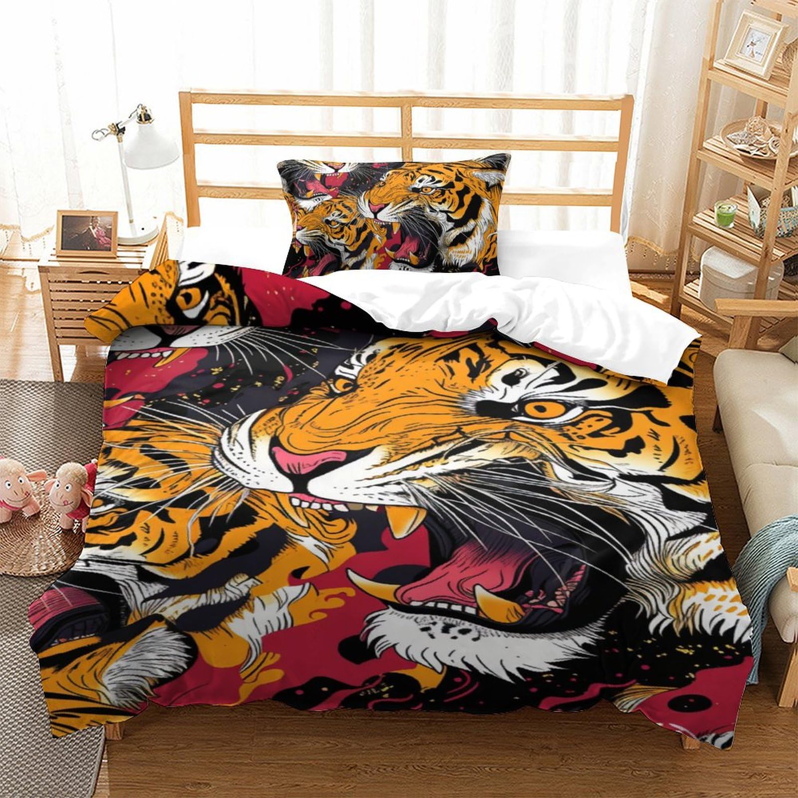 Parure de lit tigre 3D en microfibre 135x200 cm avec housse de couette single et taie d'oreiller