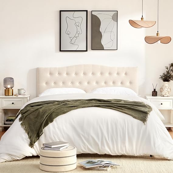Tufted Headboard Full Size, Solid Wood Adjustable Height Head Board, Beige