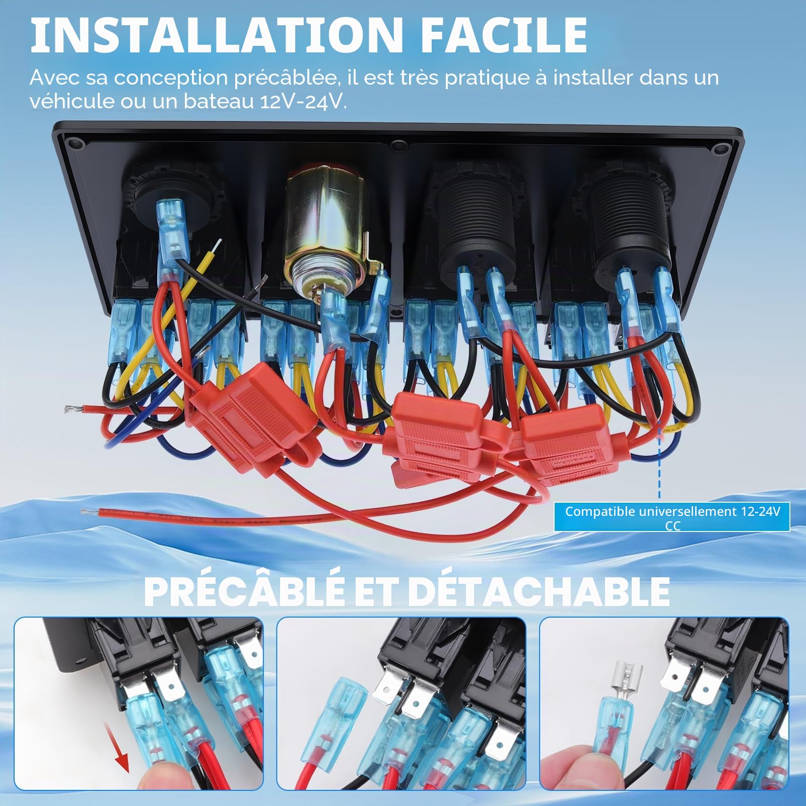 Geloo Panneau d'interrupteur à Bascule à 8 Interrupteurs Étanche 12 V/24 V Affichage Numérique de la Tension Double port USB Chargeur pour Camping-car, Bateaux, Voitures - Bleu