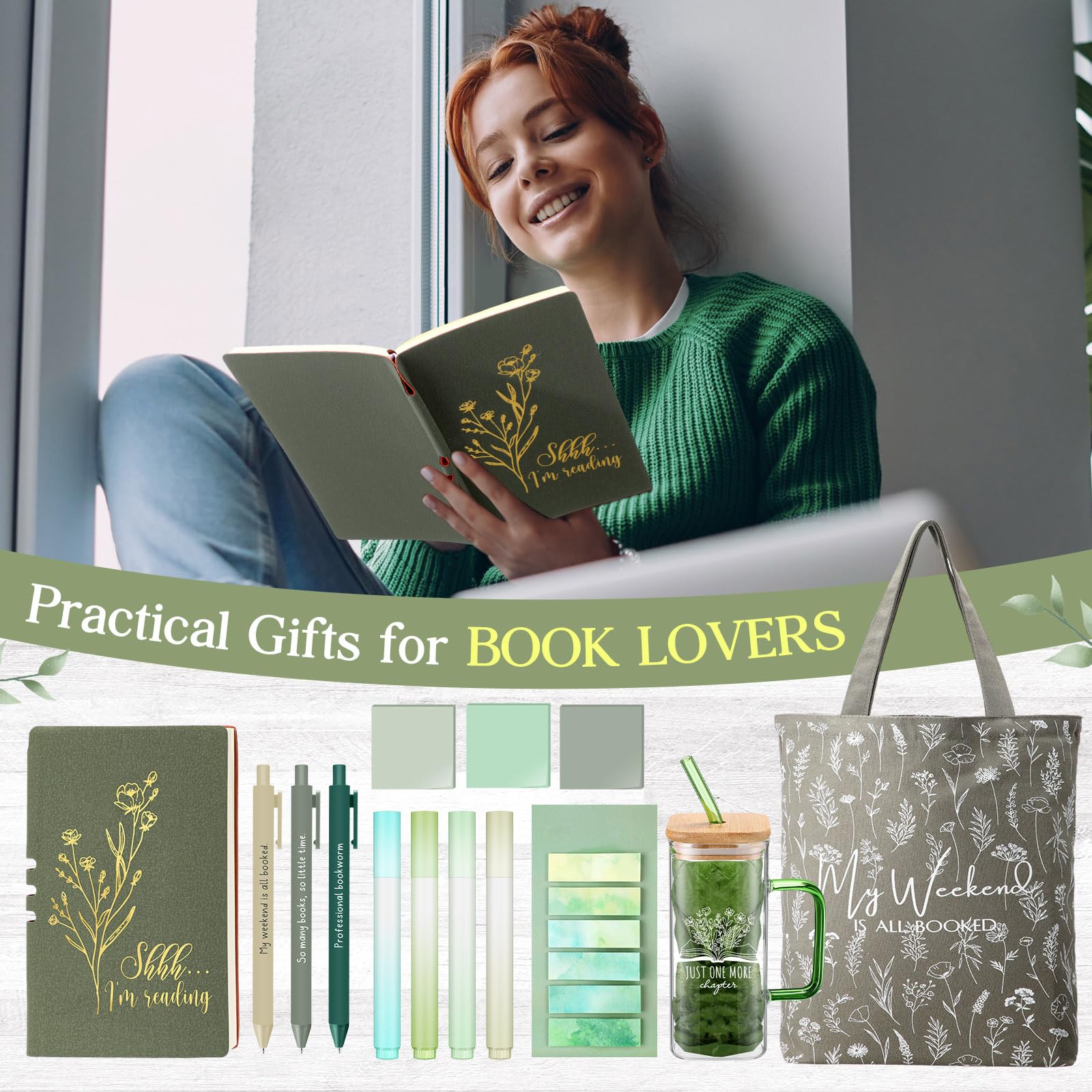 Romooa Book Lovers Gifts Aesthetic Essentials 13.5oz Glass Cup with Handle Canvas Bag A6 Journal Teacher Notebook Ballpoint Pens Sticky Notes Highlighters for Librarian Student Teacher Study, Green