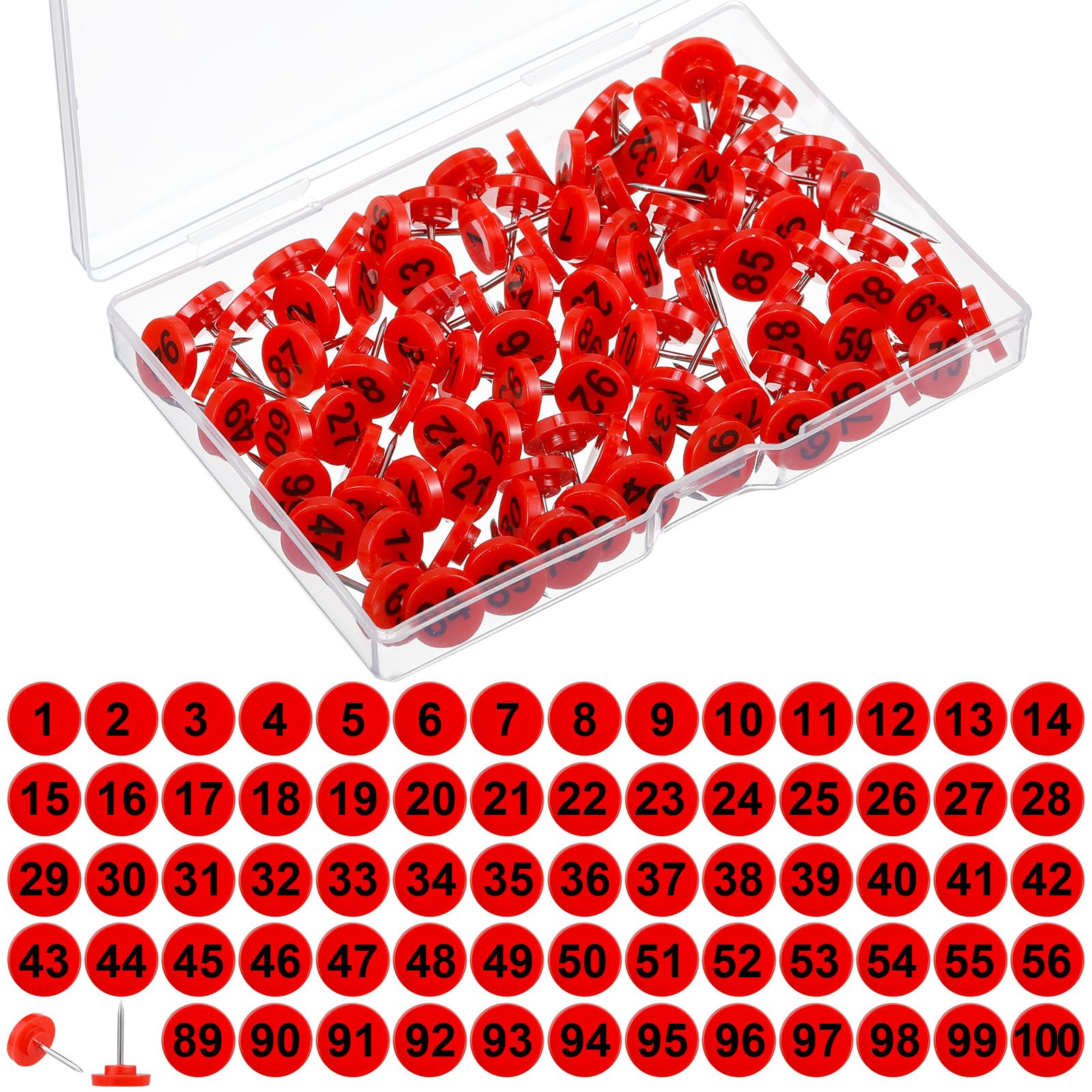 Teling 100 Pcs Numbered Push Pins 1-100 Sequential Thumb Tacks Flat Tacks Push Pins with Numbers Small Size Thumbtacks for Maps, Presentations, Photo,