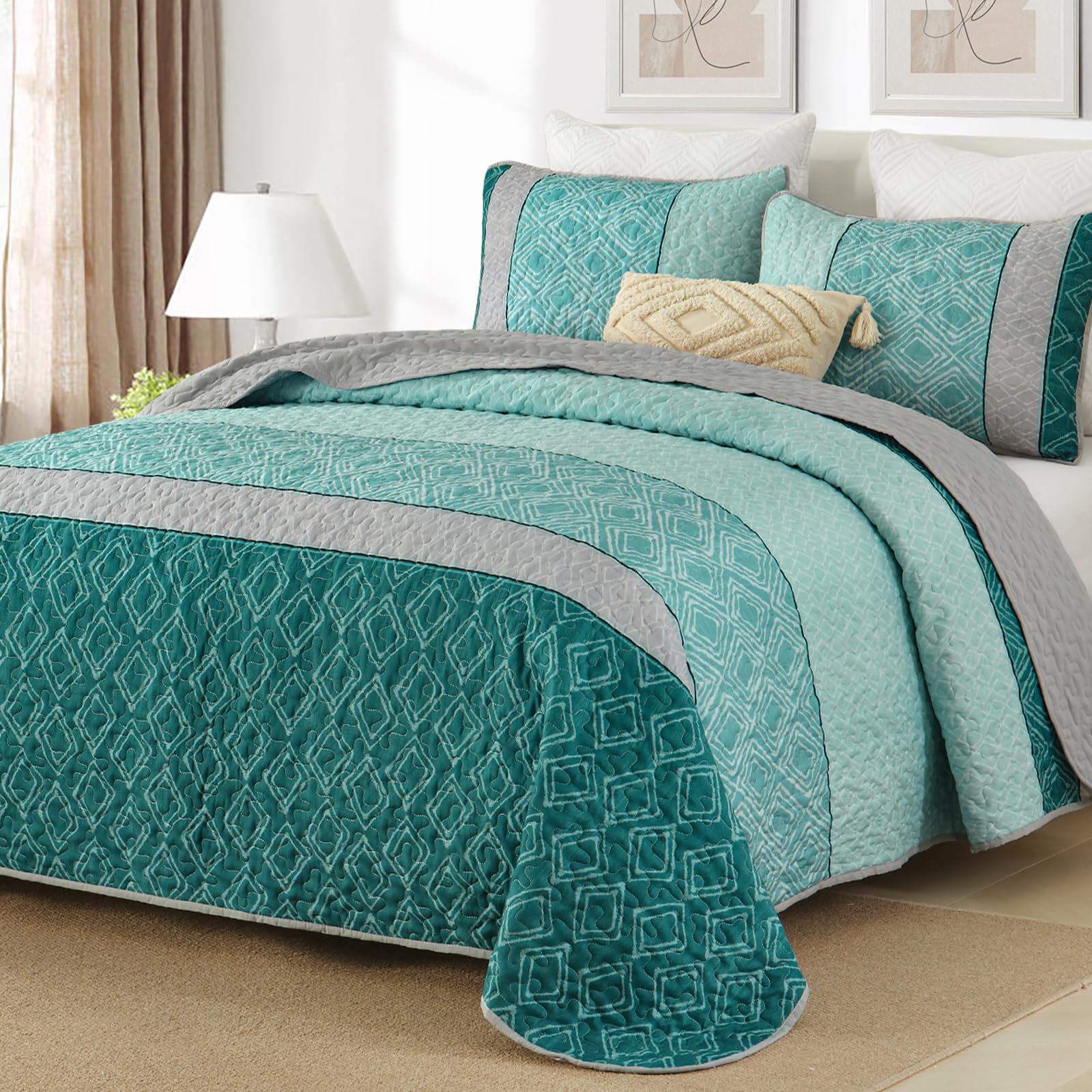 Cottolester Boho Quilt Set California King Size 3 Pieces,Teal Striped Plaid Bedspread,Soft Microfiber Bedding Set with 2 Pillow Shams 112"x96" — image 1