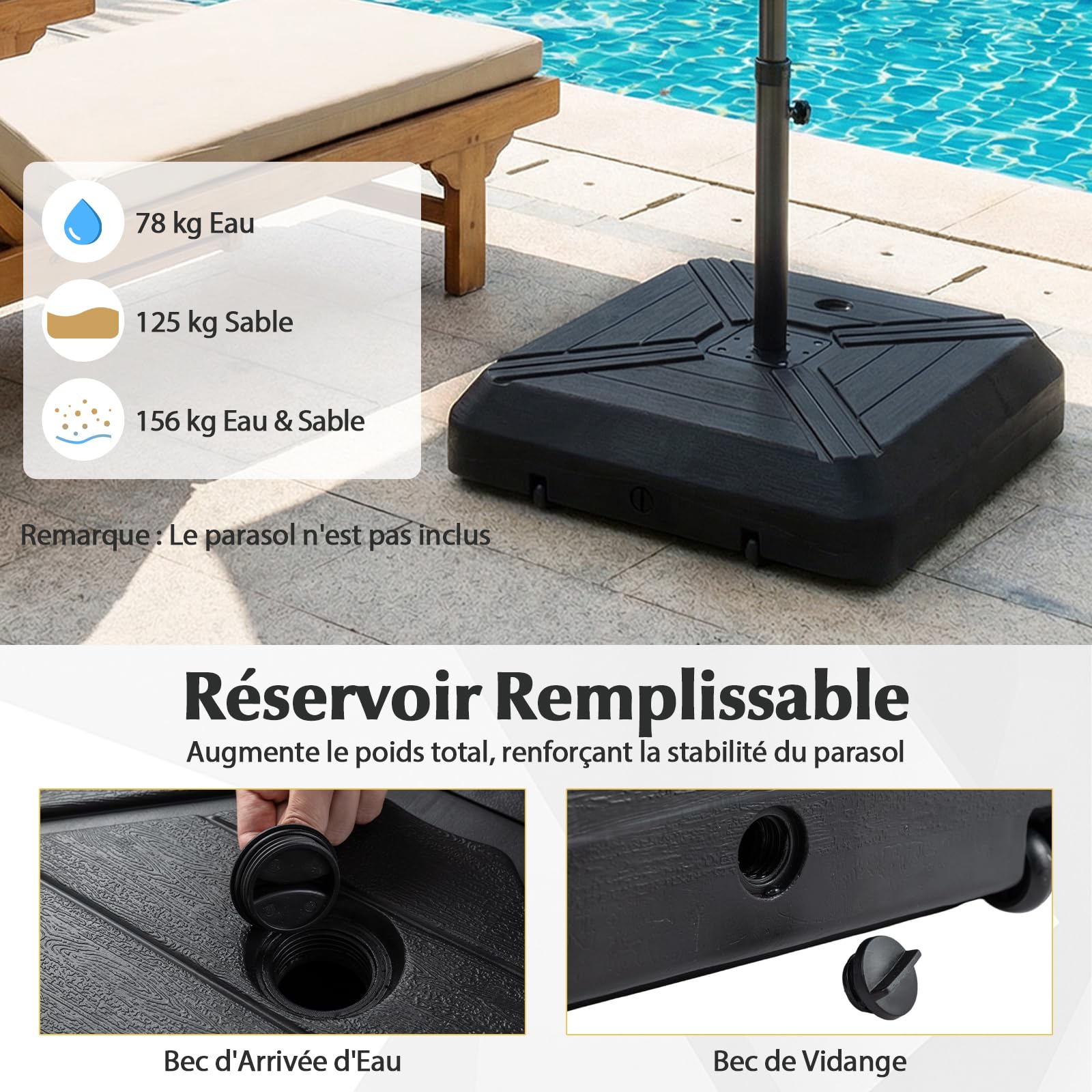 COSTWAY Pied de Parasol Déporté avec 2 roulettes, Support Parasol en HDPE, Rempli de 156 kg Sable&Eau/125 kg Sable/78 kg Eau, Barre Transversale, Base pour Jardin Piscine Terrasse, 81 x 81 x 19 cm