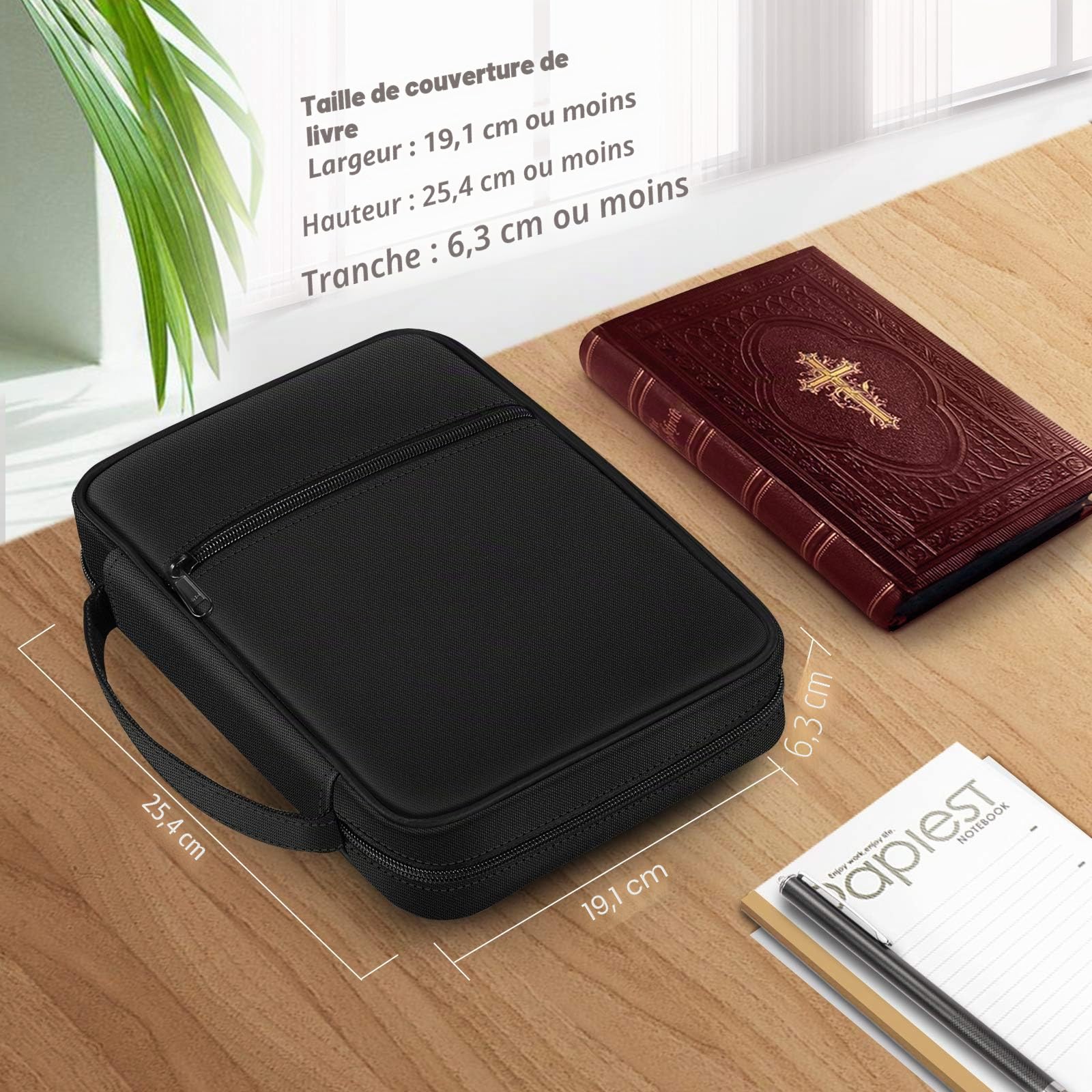 FINPAC Étui de protection Bible avec poignée poche zippée taille standard Noir