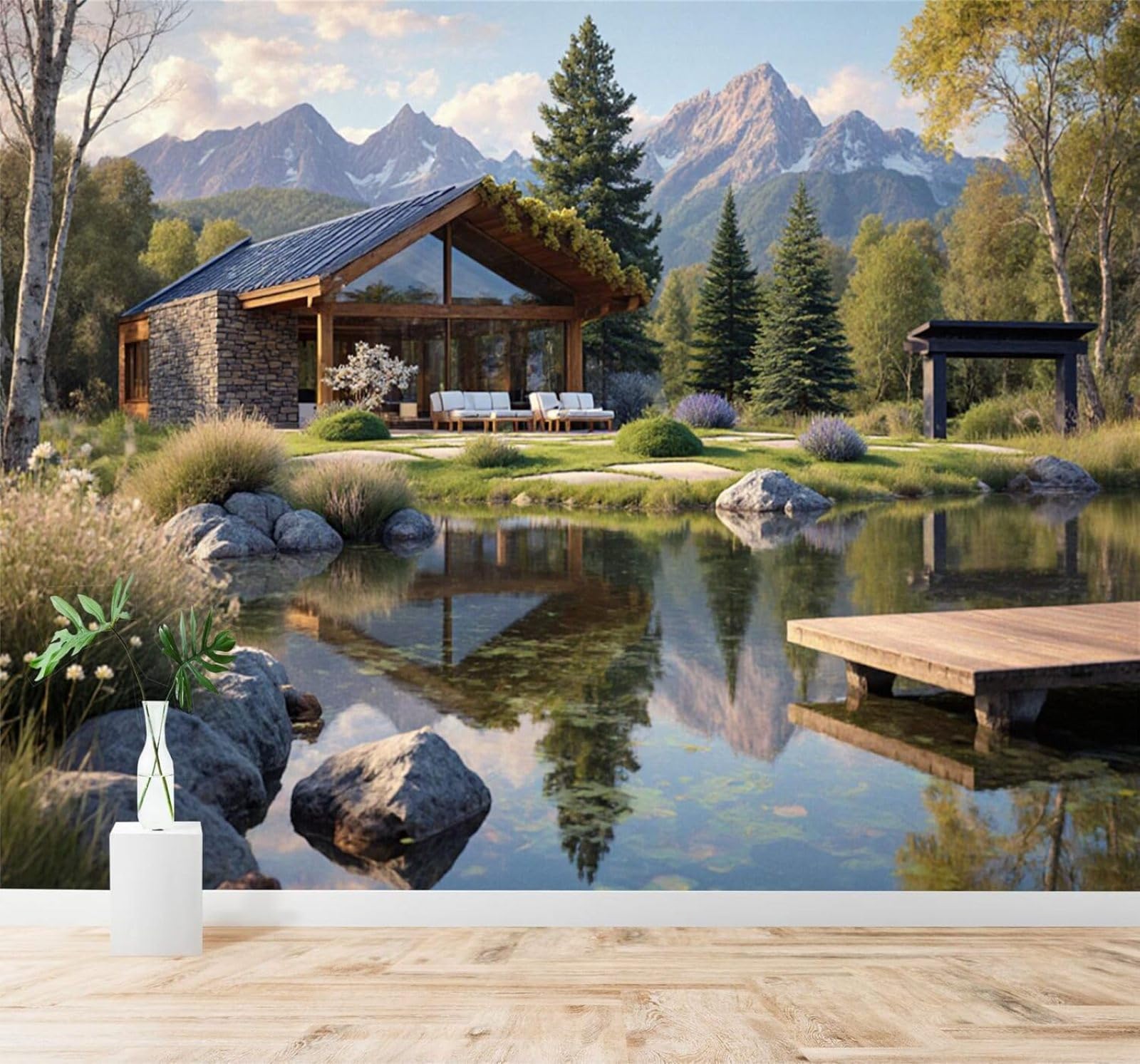 XLMING Lakes Mountain Peaks Cottages Pine Trees Natural Scenery 3D Wallpaper Premium Textured Silk Study Dining Living Room Bedroom Sofa TV Wall Easy Install-430cm×300cm