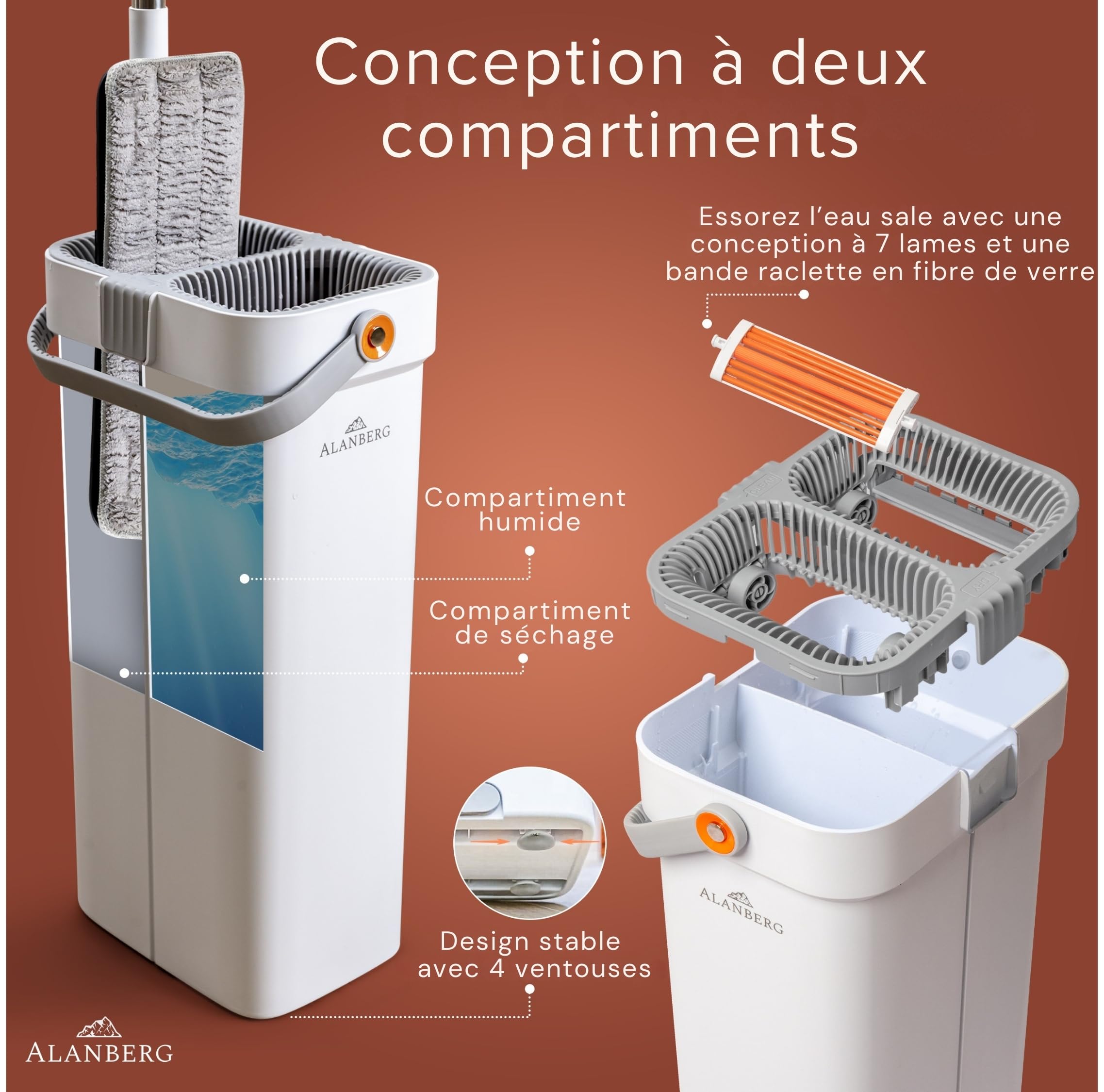XL Mop et Seau, Système Double Compartiment, Balai Serpillière Microfibre 40 cm, Manche Télescopique 143–181 cm, Essoreur Mains Libres, Retrait Poils Animaux, 2 Pads Lavables, Blanc – ALANBERG®