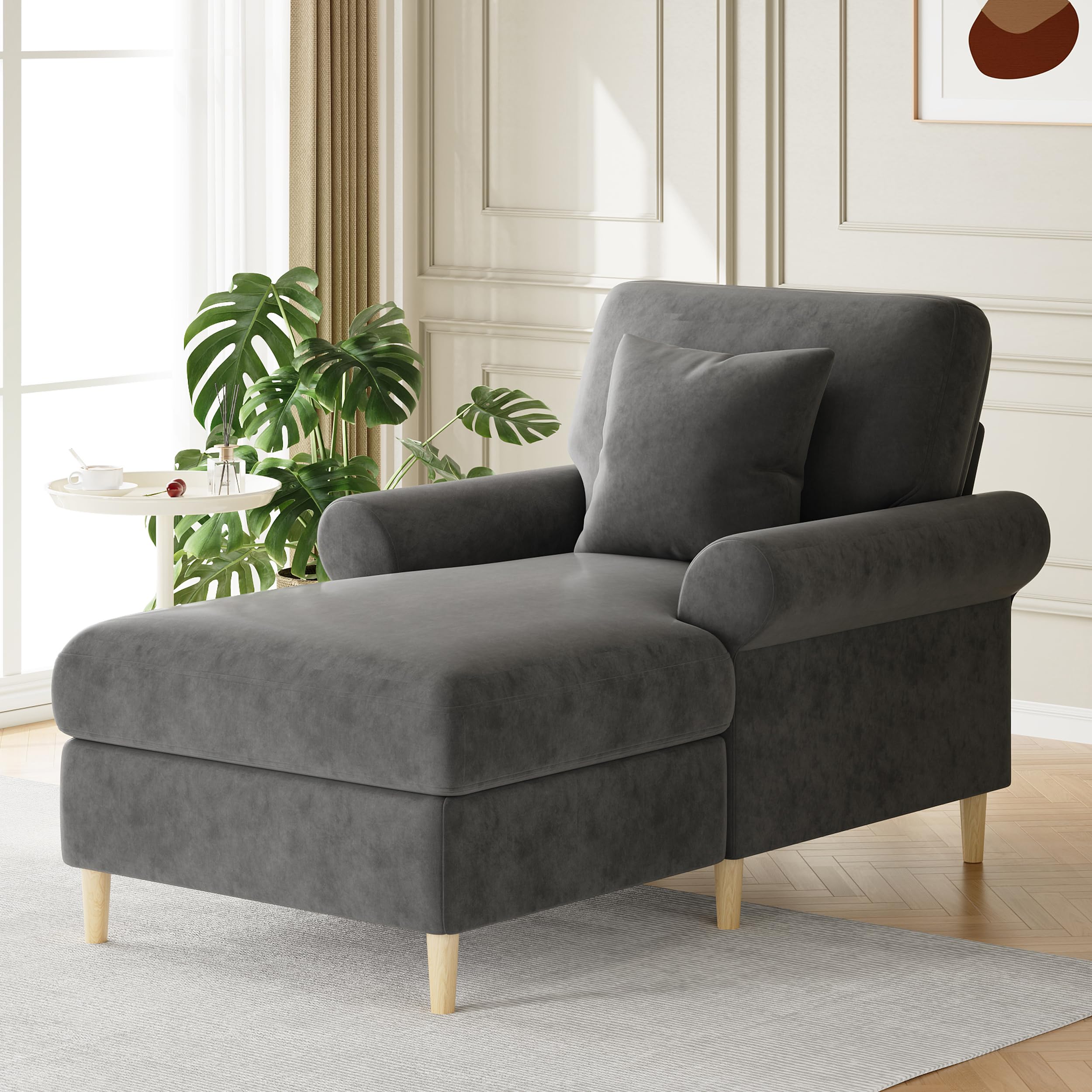 Zepneiy - Sofá de 1 plazas con acolchado y chaise longue plegable cómodo, puf para salón y dormitorio, terciopelo gris