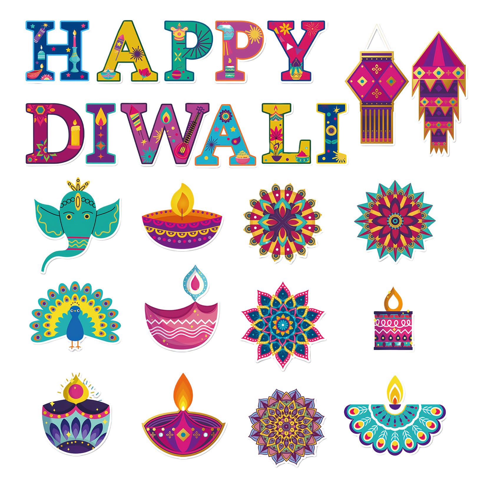 25Pcs Diwali Cutouts Decorations with 30 Dots Stickers Happy Diwali Cutouts with Diyas Lanterns Elephants Peacocks Motifs Diwali Stickers Festival of Lights Decor for House Wall Window Indian Party