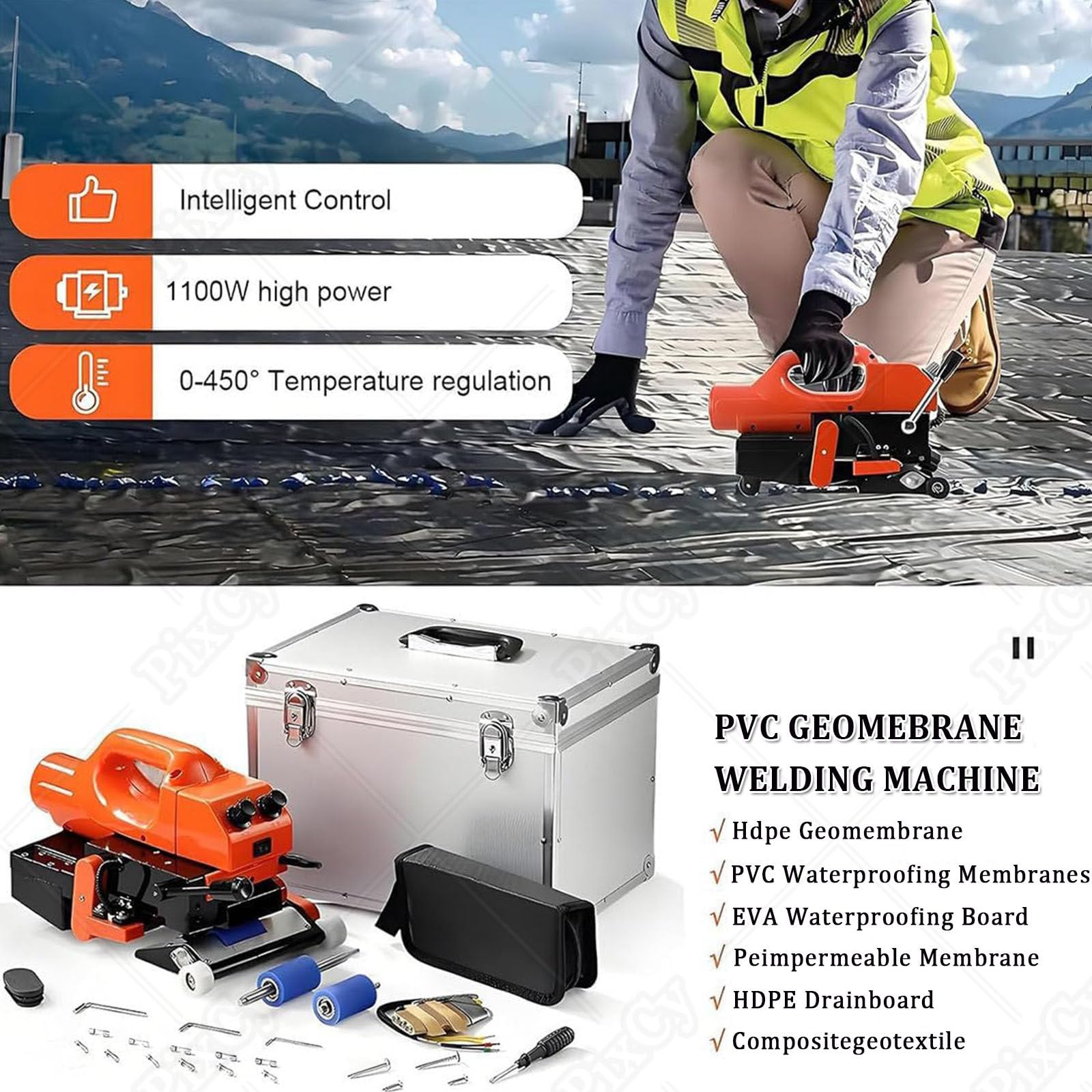 Zgrzewarka na gorąco, automatyczna spawarka geomembranowa 1100 W do PVC, PE, EVA, HDPE, PP z pistoletem do spawania gorącym powietrzem 2000 W i stalowym wałkiem 20 cm