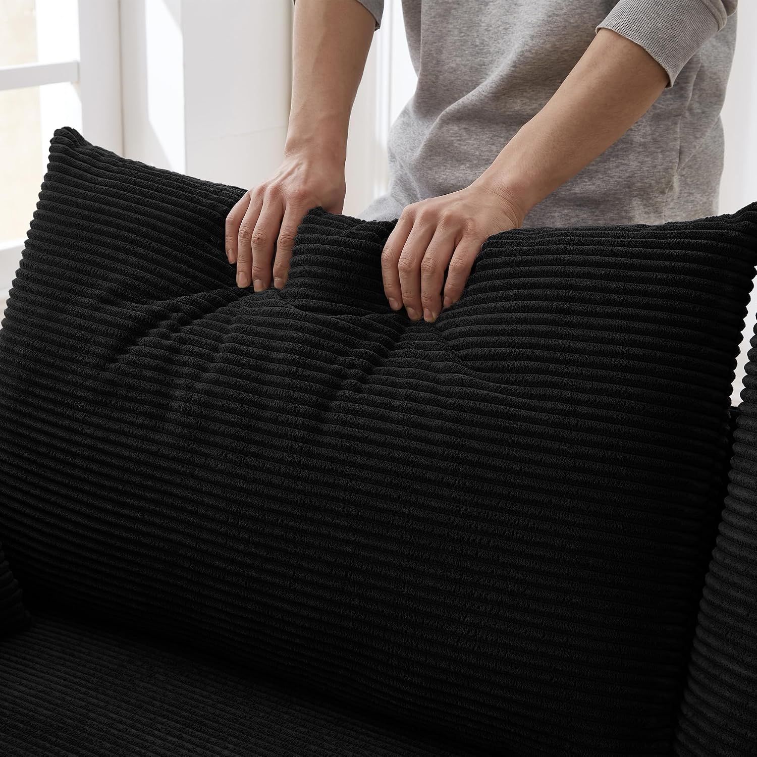 78" Modern Black Corduroy Couch for Living Room, Comfy Upholstered 3 Seater Sofa with Cup Holders/Side Pocket/Charging Ports, Cloud Oversized Loveseat for Apartment Office, Easy Assembly, Black